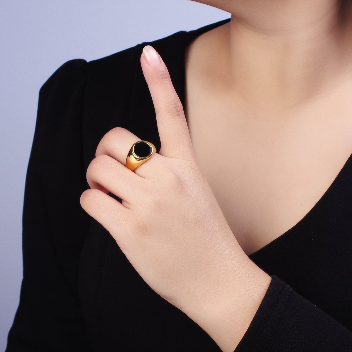 Stainless Steel Black Enamel Round Signet Ring in Gold & Silver | O-1681~O-1688 - DLUXCA