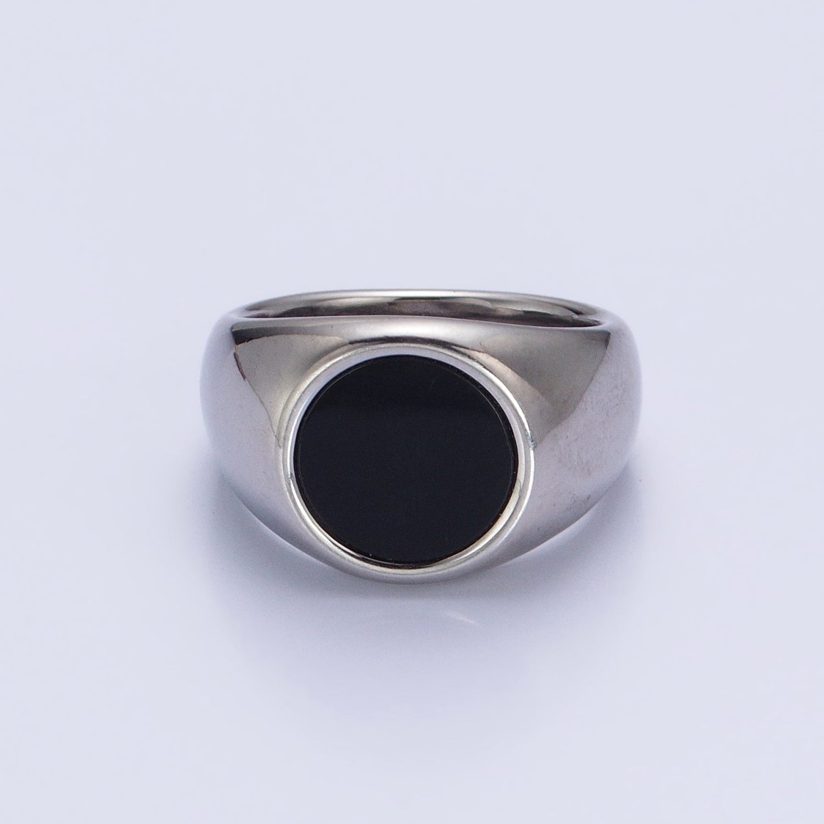 Stainless Steel Black Enamel Round Signet Ring in Gold & Silver | O-1681~O-1688 - DLUXCA