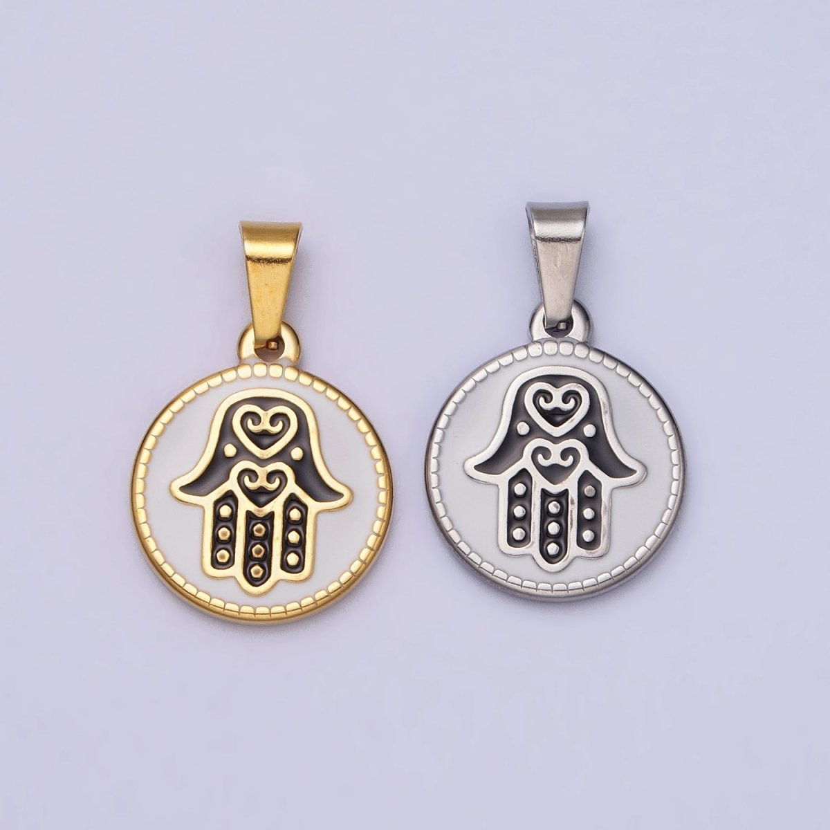 Stainless Steel Black Hamsa Hand White Enamel Round Pendant in Gold & Silver J-655 J-659 - DLUXCA