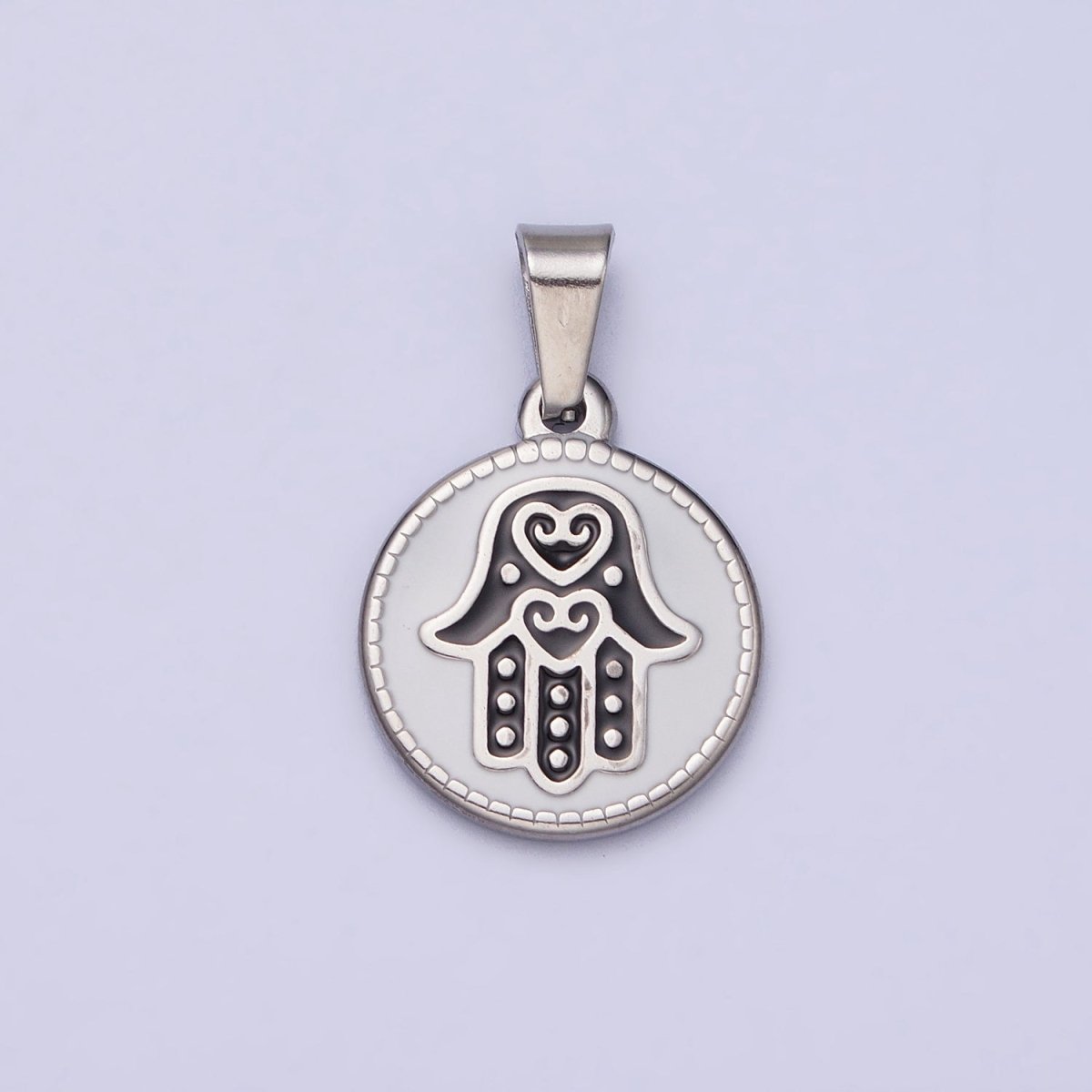 Stainless Steel Black Hamsa Hand White Enamel Round Pendant in Gold & Silver J-655 J-659 - DLUXCA