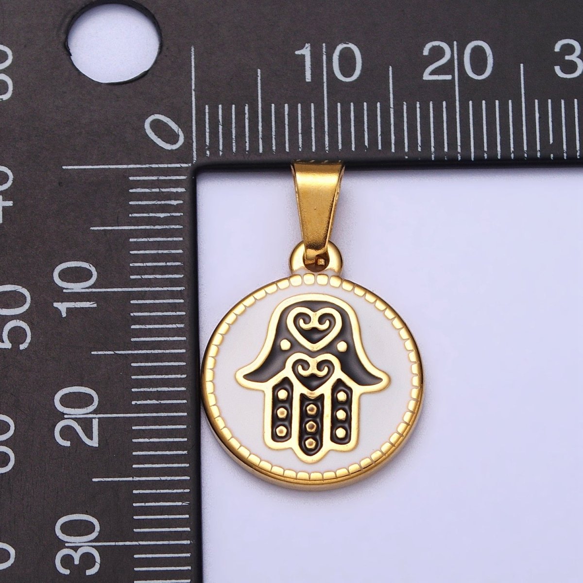 Stainless Steel Black Hamsa Hand White Enamel Round Pendant in Gold & Silver J-655 J-659 - DLUXCA