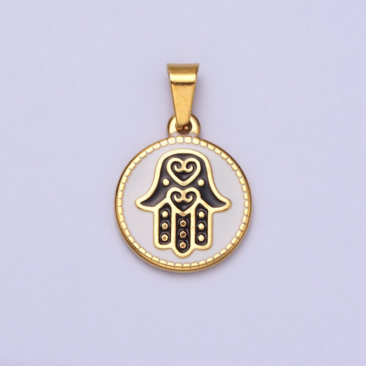 Stainless Steel Black Hamsa Hand White Enamel Round Pendant in Gold & Silver J-655 J-659 - DLUXCA