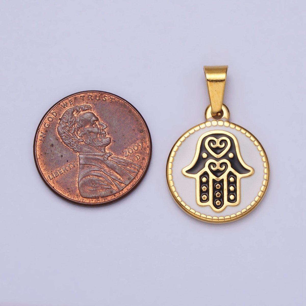 Stainless Steel Black Hamsa Hand White Enamel Round Pendant in Gold & Silver J-655 J-659 - DLUXCA