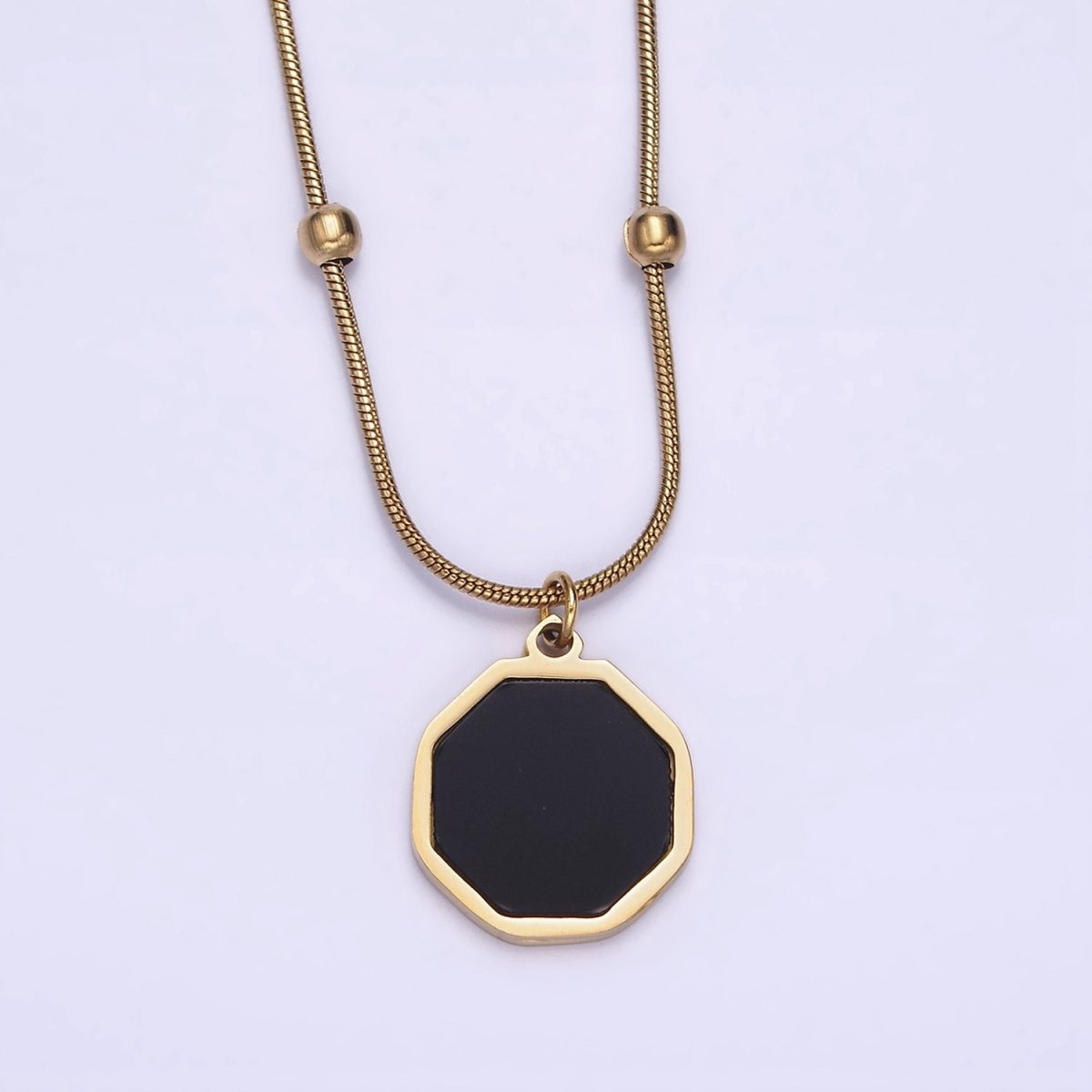 Stainless Steel Black Hexagonal Charm 17 Inch Satellite Snake Chain Necklace | WA-2035 Clearance Pricing - DLUXCA