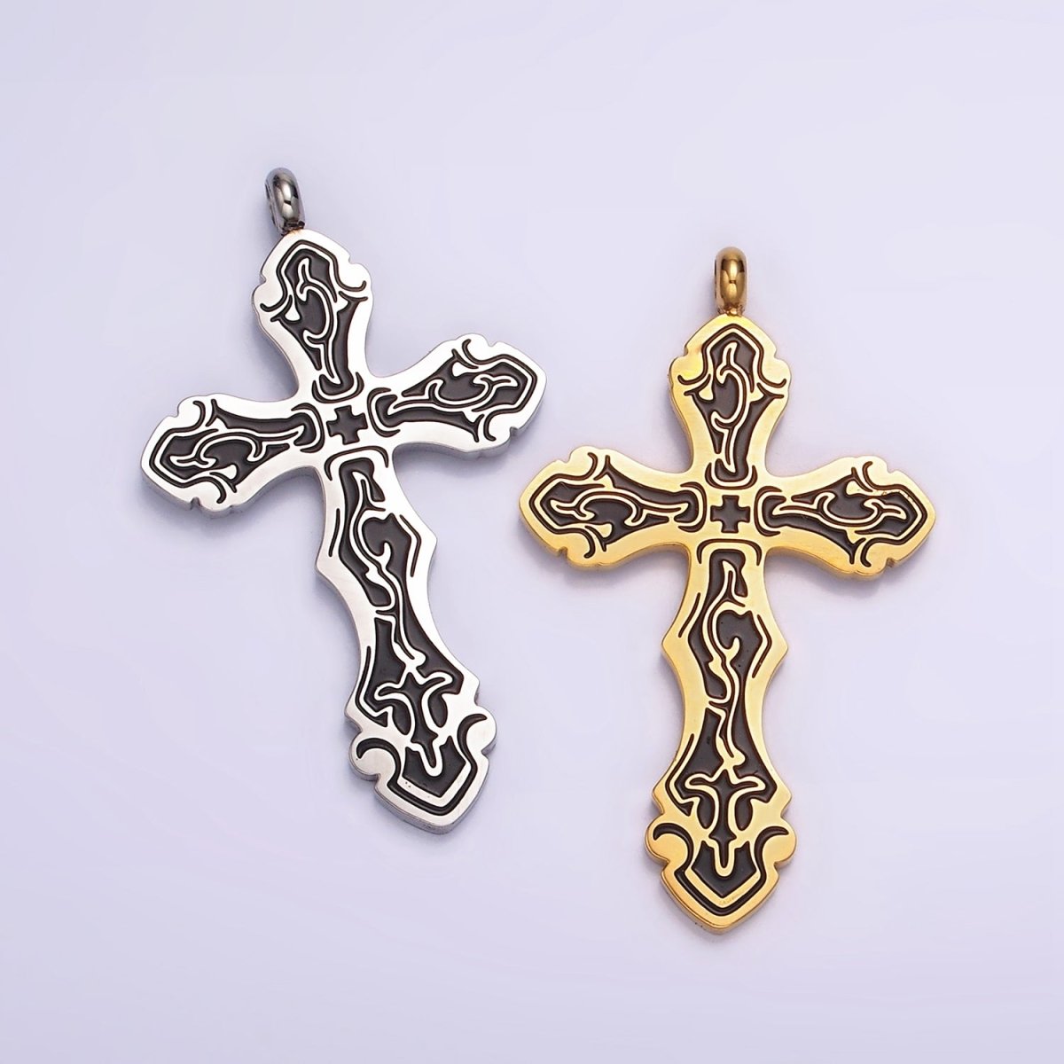 Stainless Steel Black Holy Spirit Sword Artisan Wave Baptism Passion Cross Pendant in Gold & Silver | P-667 ~ P-668 - DLUXCA