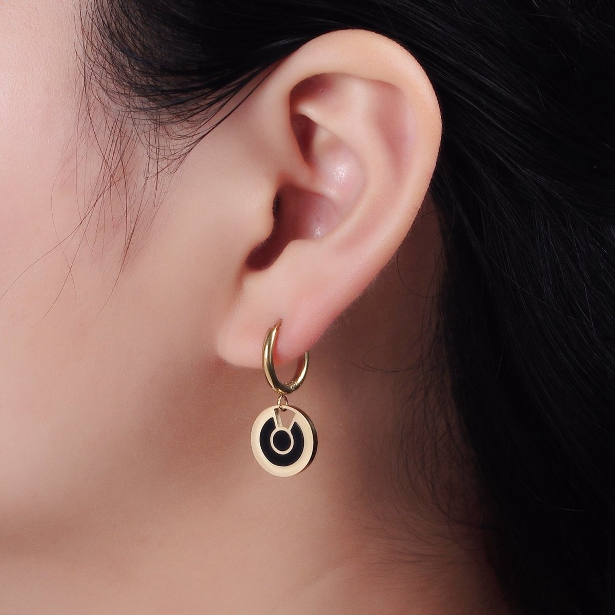 Stainless Steel Black Lined Round Drop Huggie Earrings | AE714 - DLUXCA