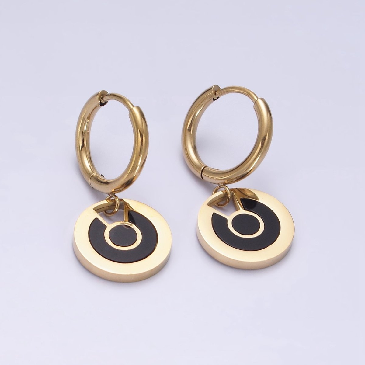 Stainless Steel Black Lined Round Drop Huggie Earrings | AE714 - DLUXCA