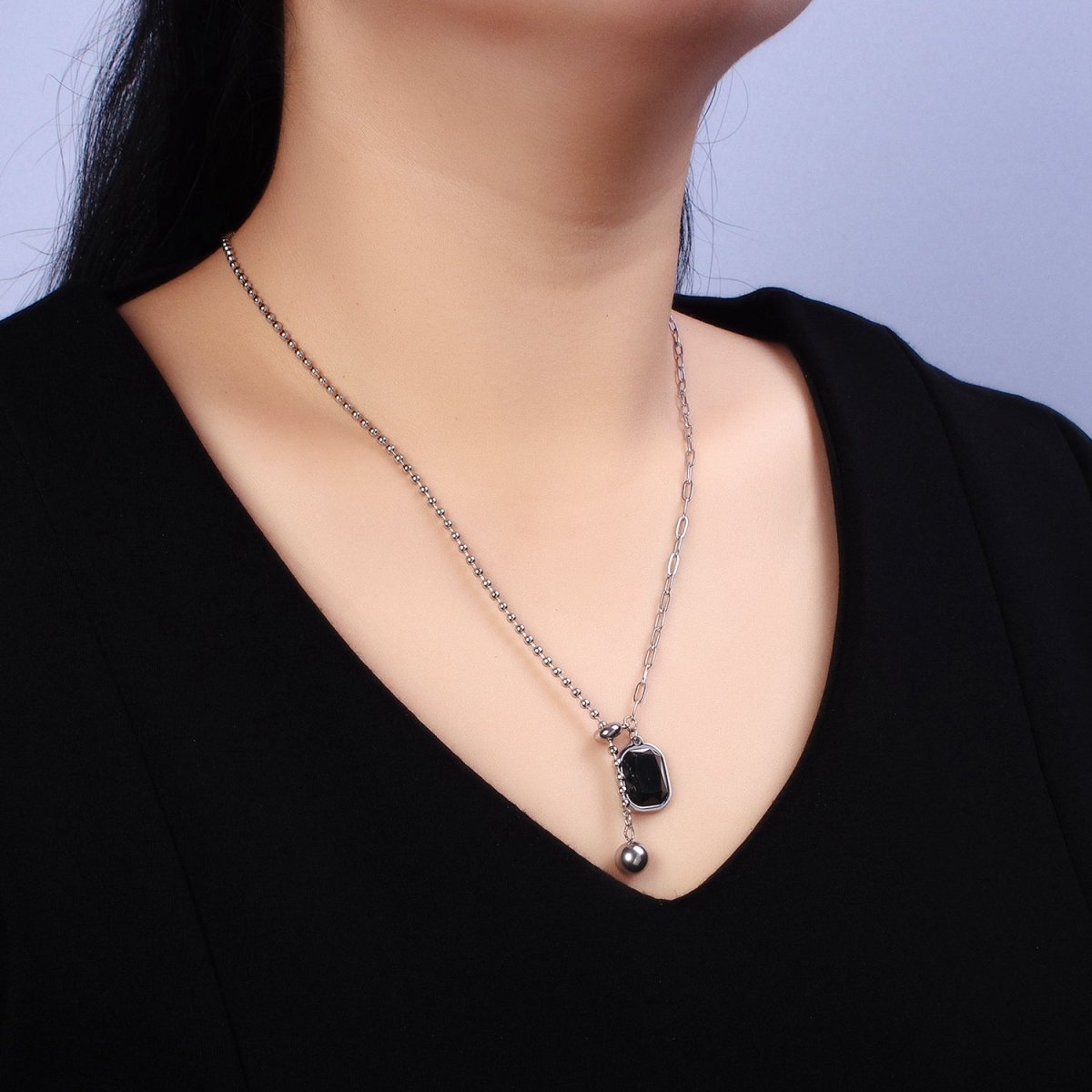 Stainless Steel Black Pendant Double Bead & Paperclip Chain Link 17 Inch Necklace in Gold & Silver | WA-1634 WA-1635 Clearance Pricing - DLUXCA