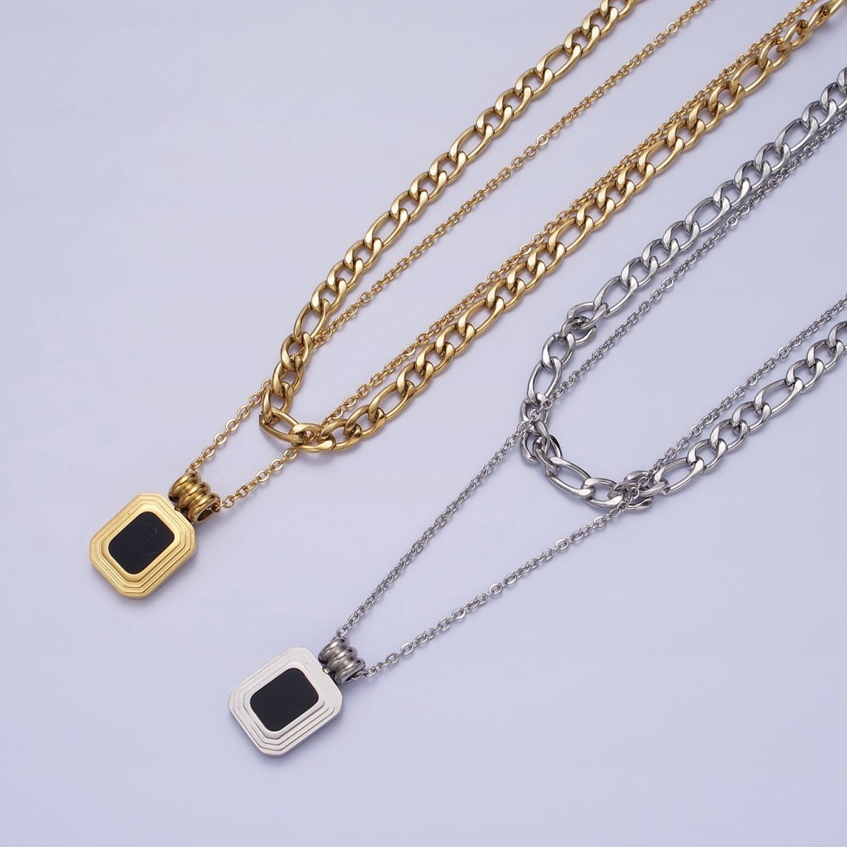 Stainless Steel Black Pendant Figaro & Rolo Chain Double Layer Necklace in Gold & Silver | WA-1632 WA-1633 Clearance Pricing - DLUXCA