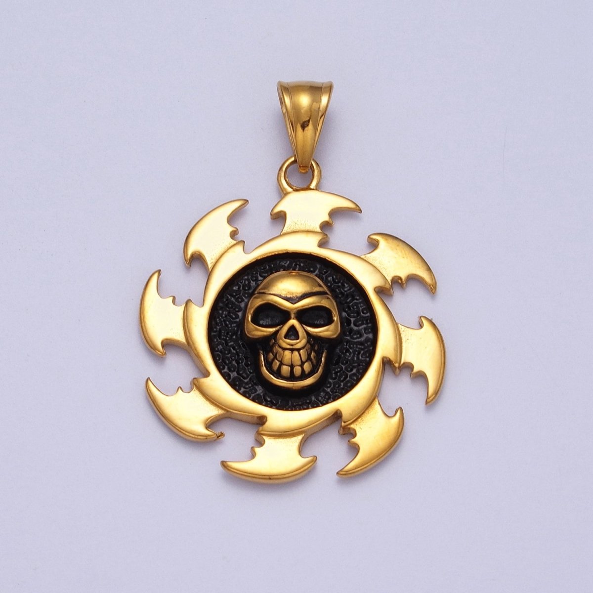 Stainless Steel Black Skull Skeleton Crusher Round Pendant in Gold & Silver J-097 X-659 - DLUXCA