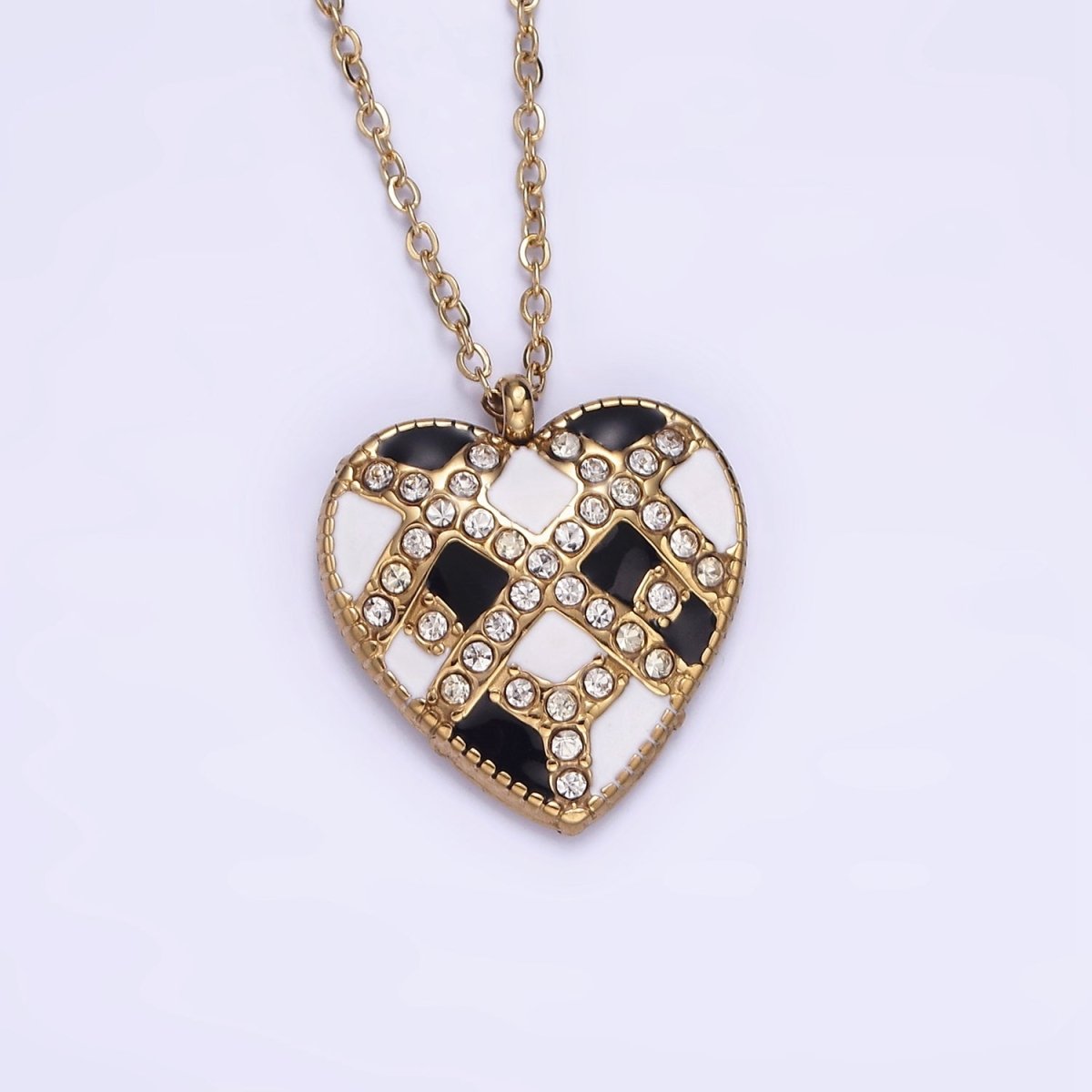 Stainless Steel Black White Enamel CZ Lined Heart Charm 17 Inch Cable Chain Necklace | WA-2081 Clearance Pricing - DLUXCA