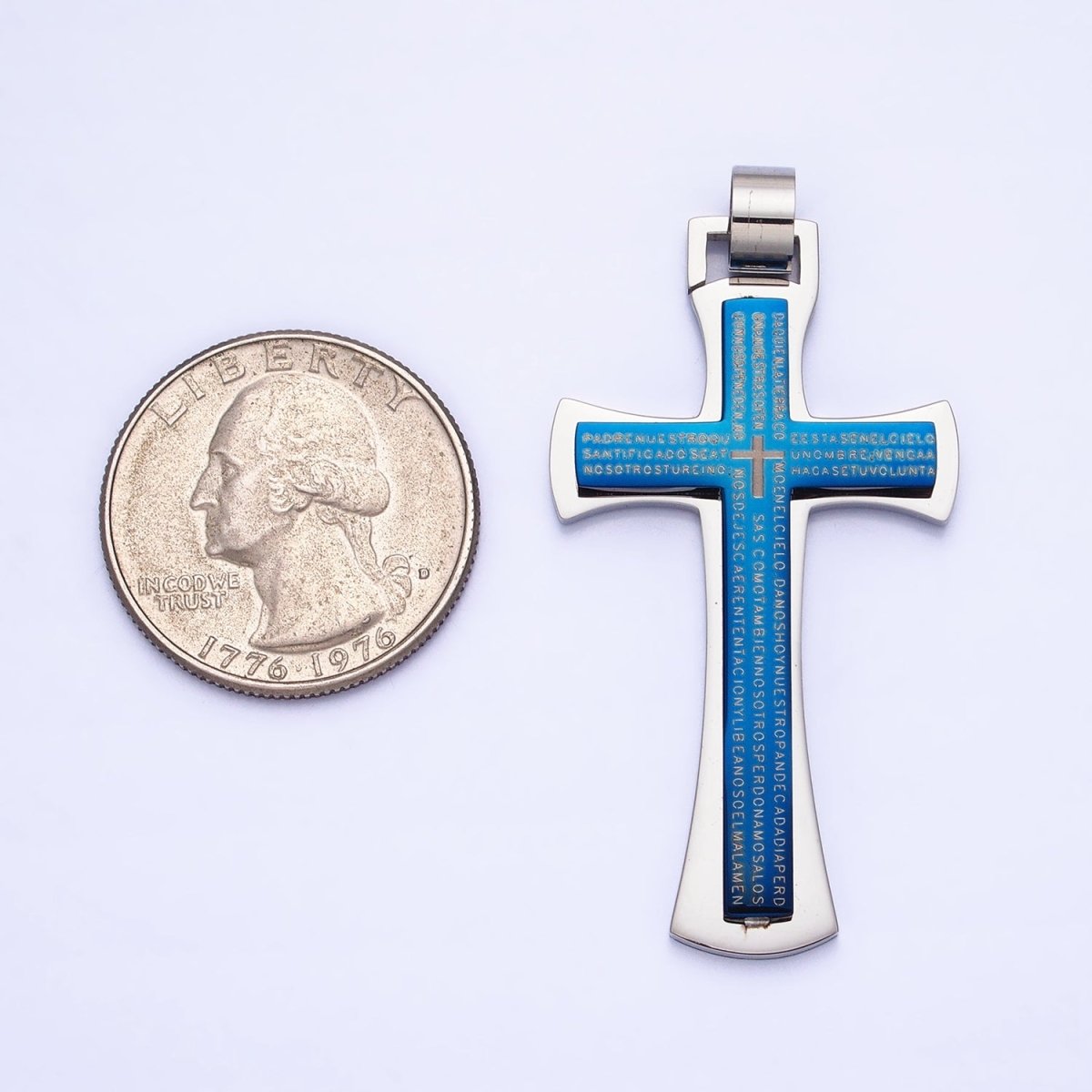 Stainless Steel Blue, Black, White Religious Curved Pattee Cross Lord's Prayer Engraved Script Pendant | P-1152 - DLUXCA