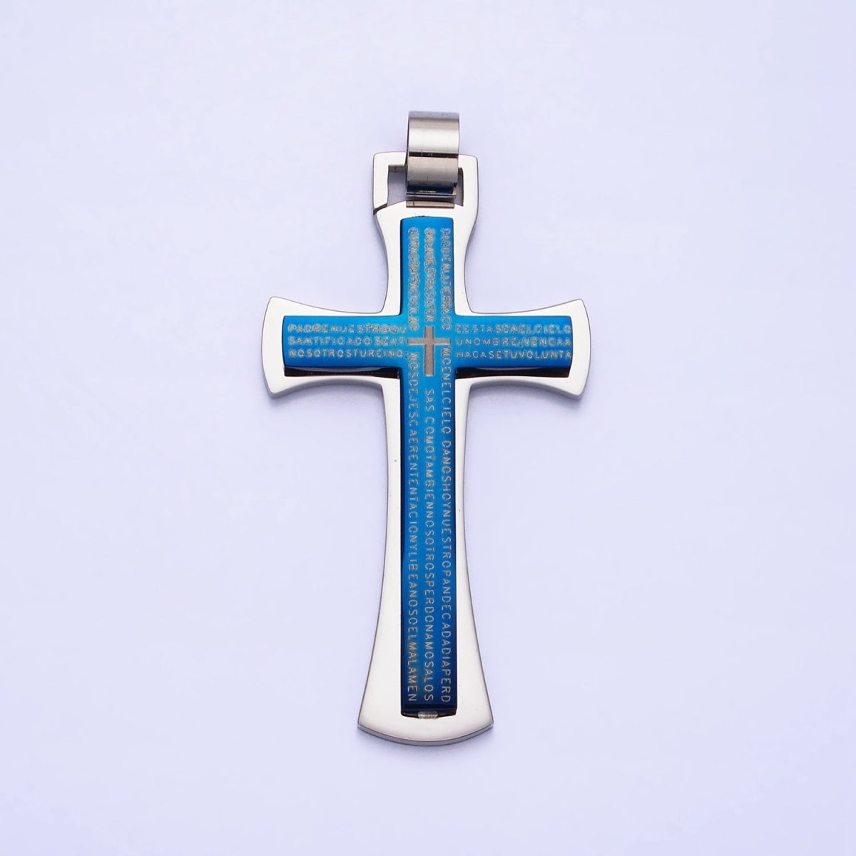Stainless Steel Blue, Black, White Religious Curved Pattee Cross Lord's Prayer Engraved Script Pendant | P-1152 - DLUXCA