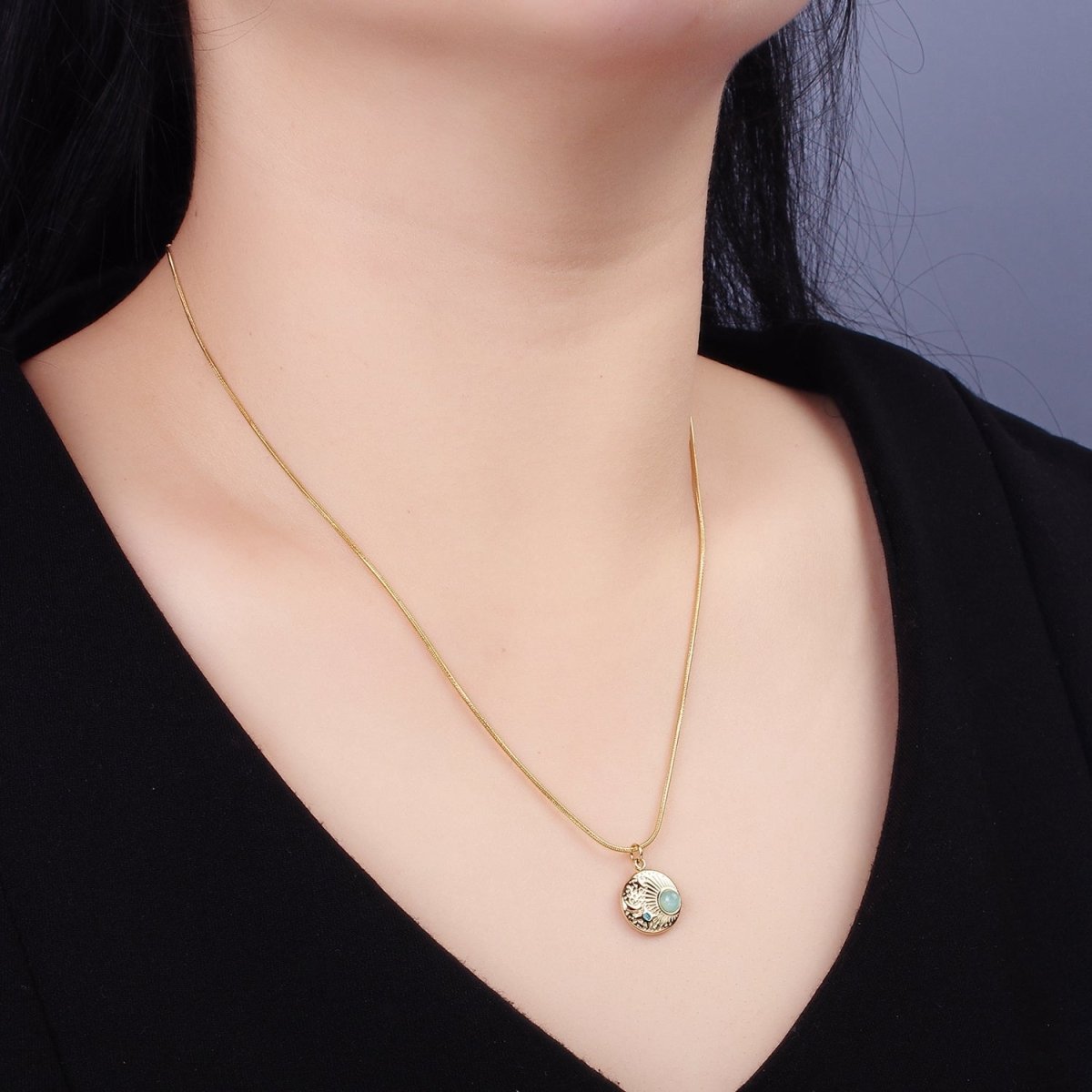 Stainless Steel Blue CZ Amazonite Celestial Charm 16 Inch Cocoon Herringbone Necklace | WA-2357 - DLUXCA