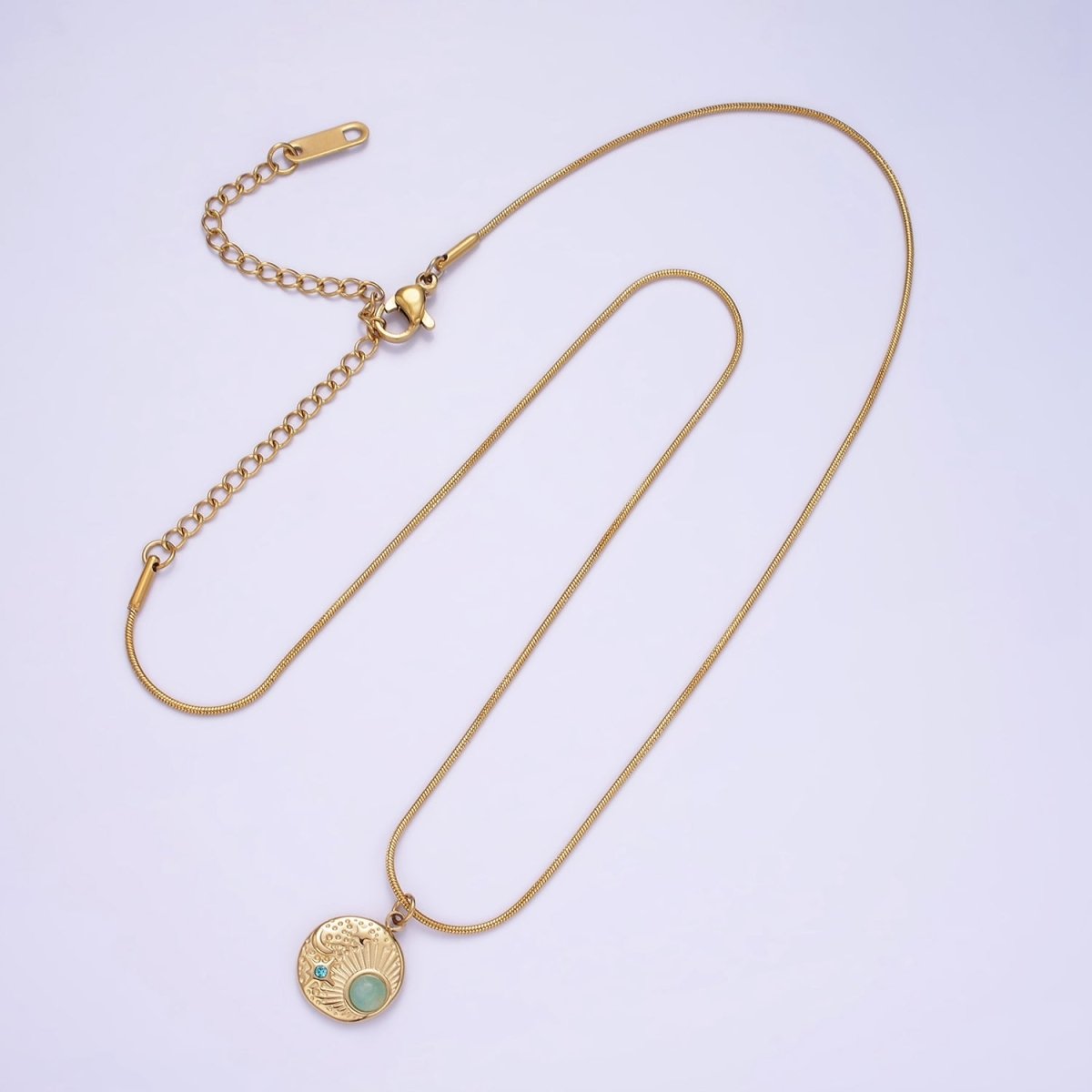 Stainless Steel Blue CZ Amazonite Celestial Charm 16 Inch Cocoon Herringbone Necklace | WA-2357 - DLUXCA