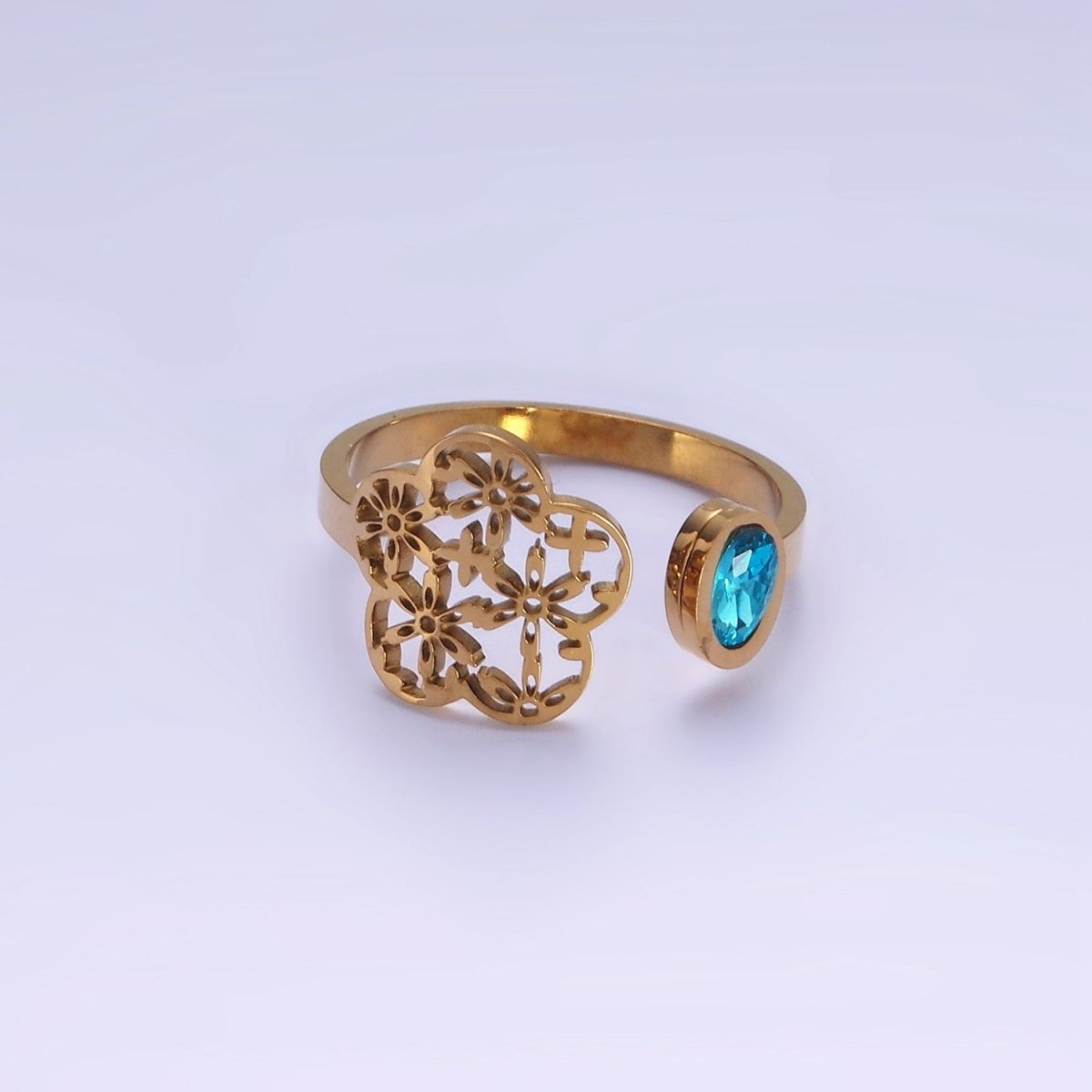 Stainless Steel Blue CZ Bezel Open Flower Filigree Wrap Ring | O1295 - DLUXCA