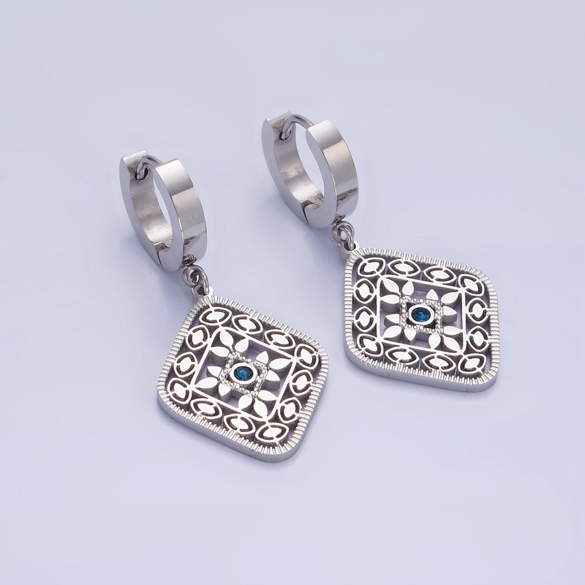 Stainless Steel Blue CZ Flower Filigree Rhombus Drop Huggie Earrings in Gold & Silver | AE477 AE478 - DLUXCA