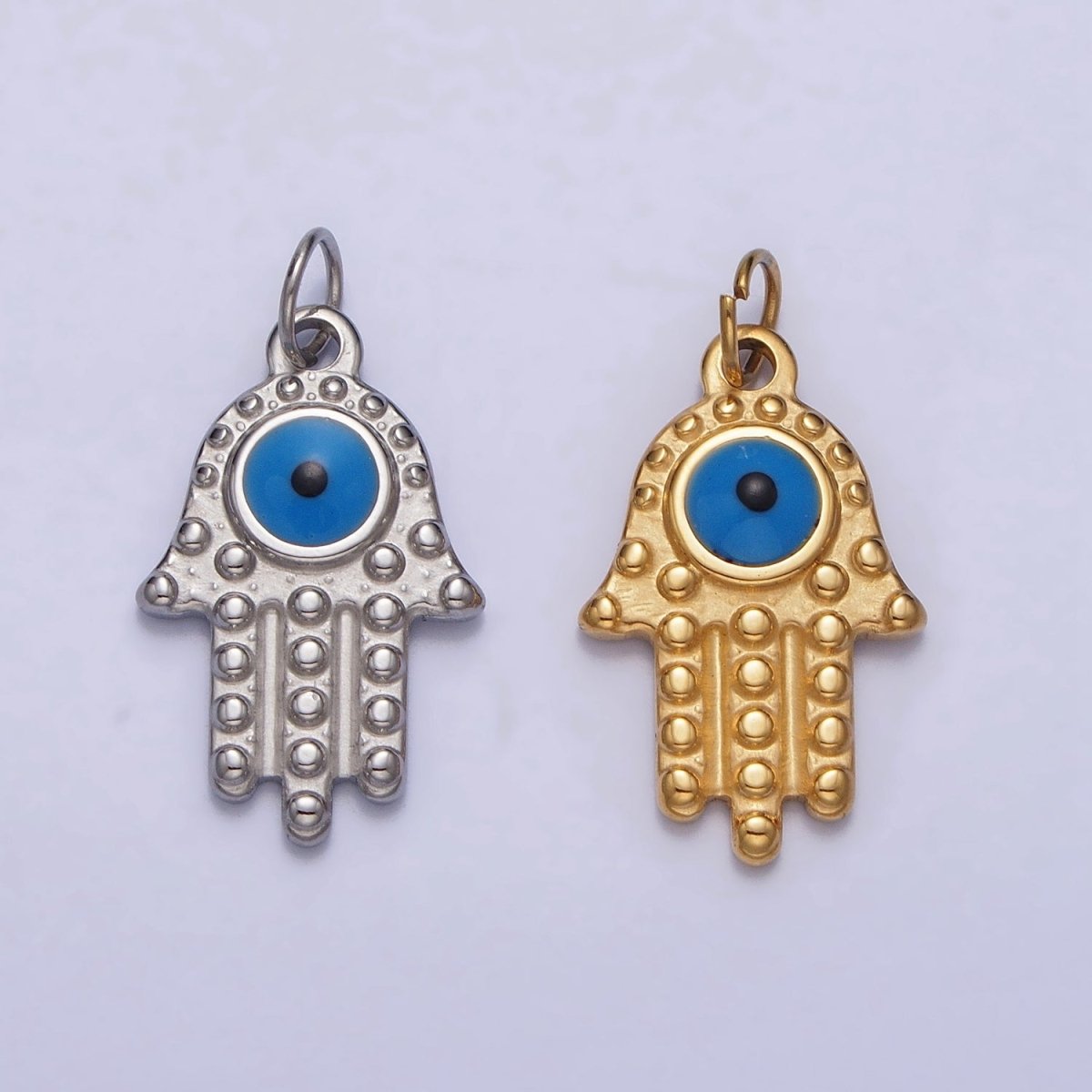 Stainless Steel Blue Evil Eye Dotted Hamsa Hand Charm in Gold & Silver | P-1230 - DLUXCA