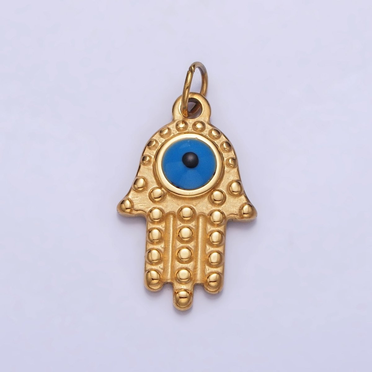 Stainless Steel Blue Evil Eye Dotted Hamsa Hand Charm in Gold & Silver | P-1230 - DLUXCA