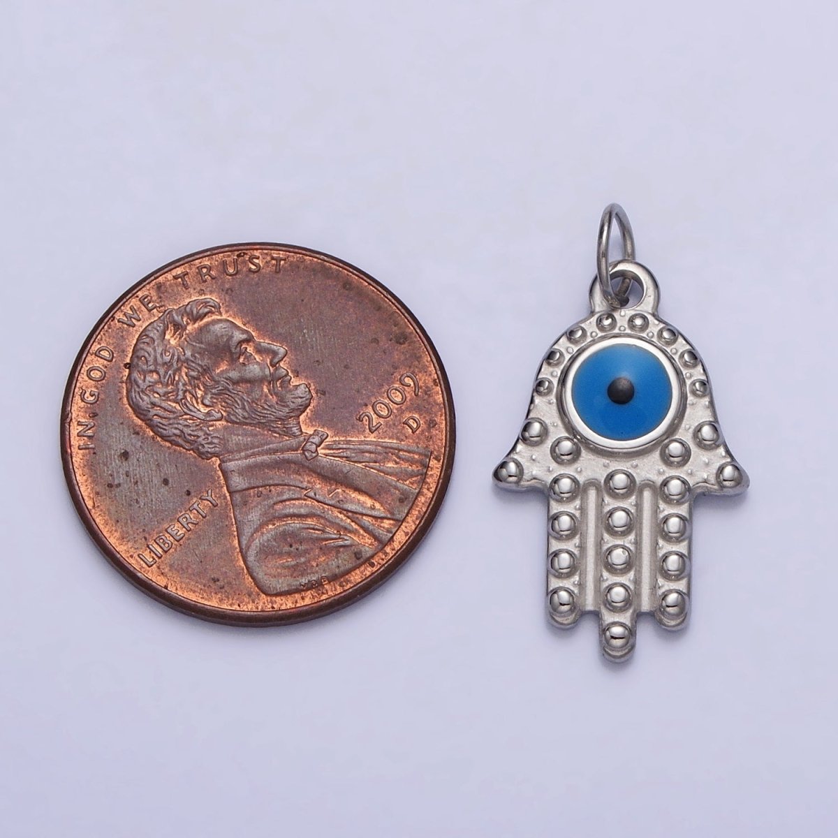 Stainless Steel Blue Evil Eye Dotted Hamsa Hand Charm in Gold & Silver | P-1230 - DLUXCA