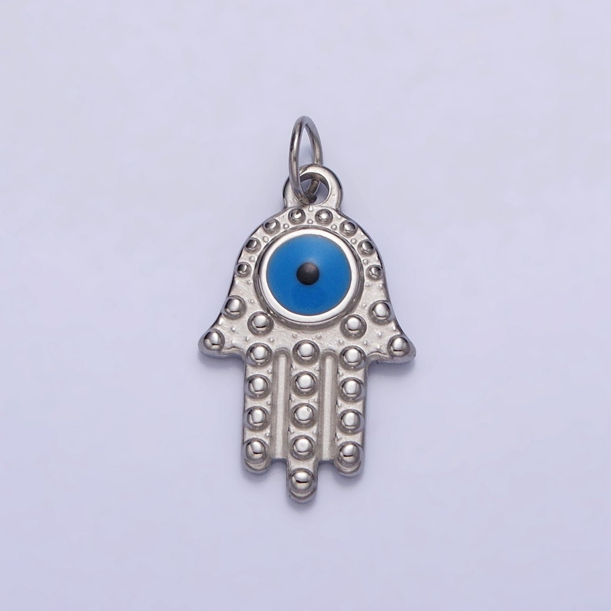 Stainless Steel Blue Evil Eye Dotted Hamsa Hand Charm in Gold & Silver | P-1230 - DLUXCA