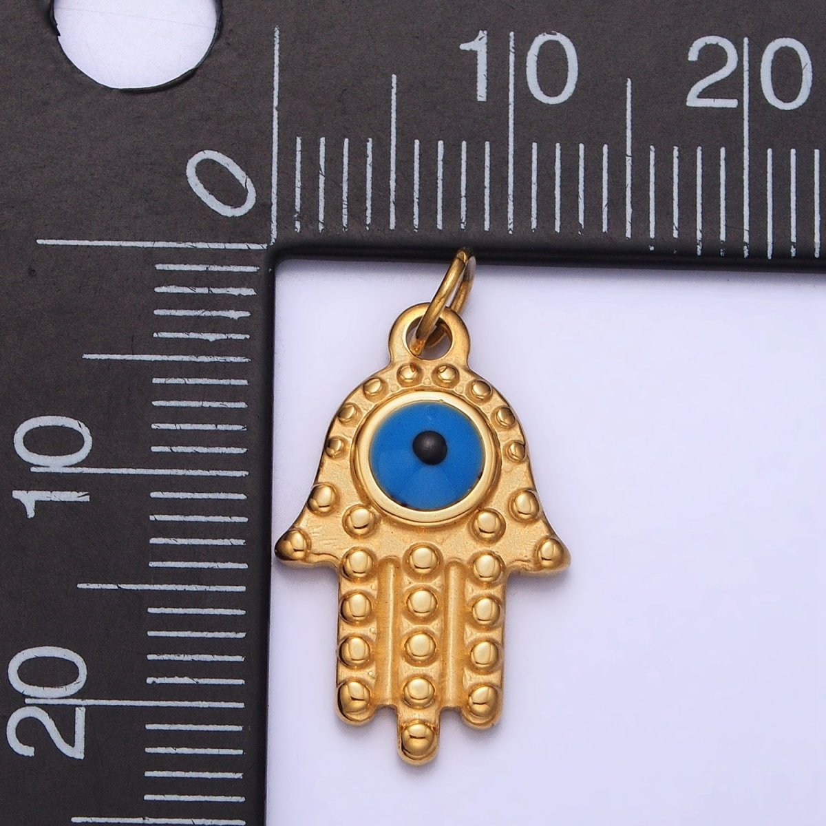 Stainless Steel Blue Evil Eye Dotted Hamsa Hand Charm in Gold & Silver | P-1230 - DLUXCA