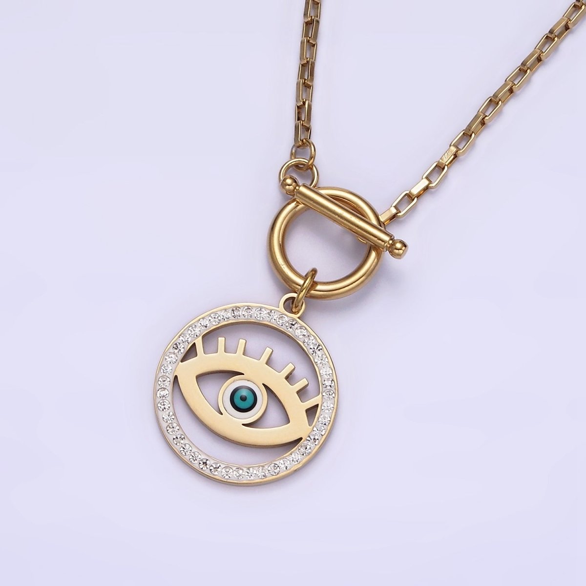 Stainless Steel Blue Evil Eye Open Clear Micro Paved CZ Toggle Clasps Rectangular Box 18 Inch Chain Necklace | WA-2063 Clearance Pricing - DLUXCA