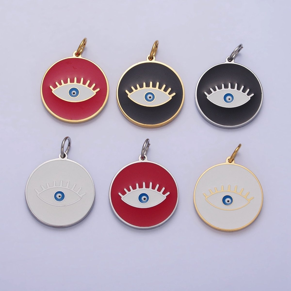 Stainless Steel Blue-Eyed Evil Eye White, Black, Red Round Charm in Gold & Silver | P-1222 P-1223 P-1224 P-1225 P-1226 P-1227 - DLUXCA