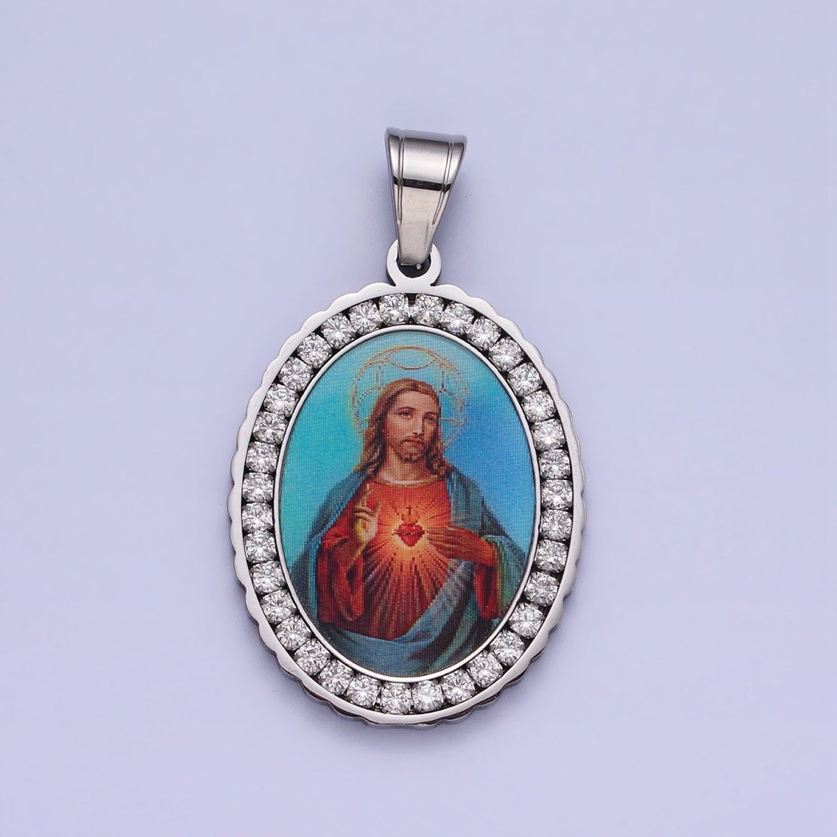 Stainless Steel Blue Jesus Sacred Heart Micro Paved CZ Oval Silver Pendant Religious Jewelry J-782 - DLUXCA