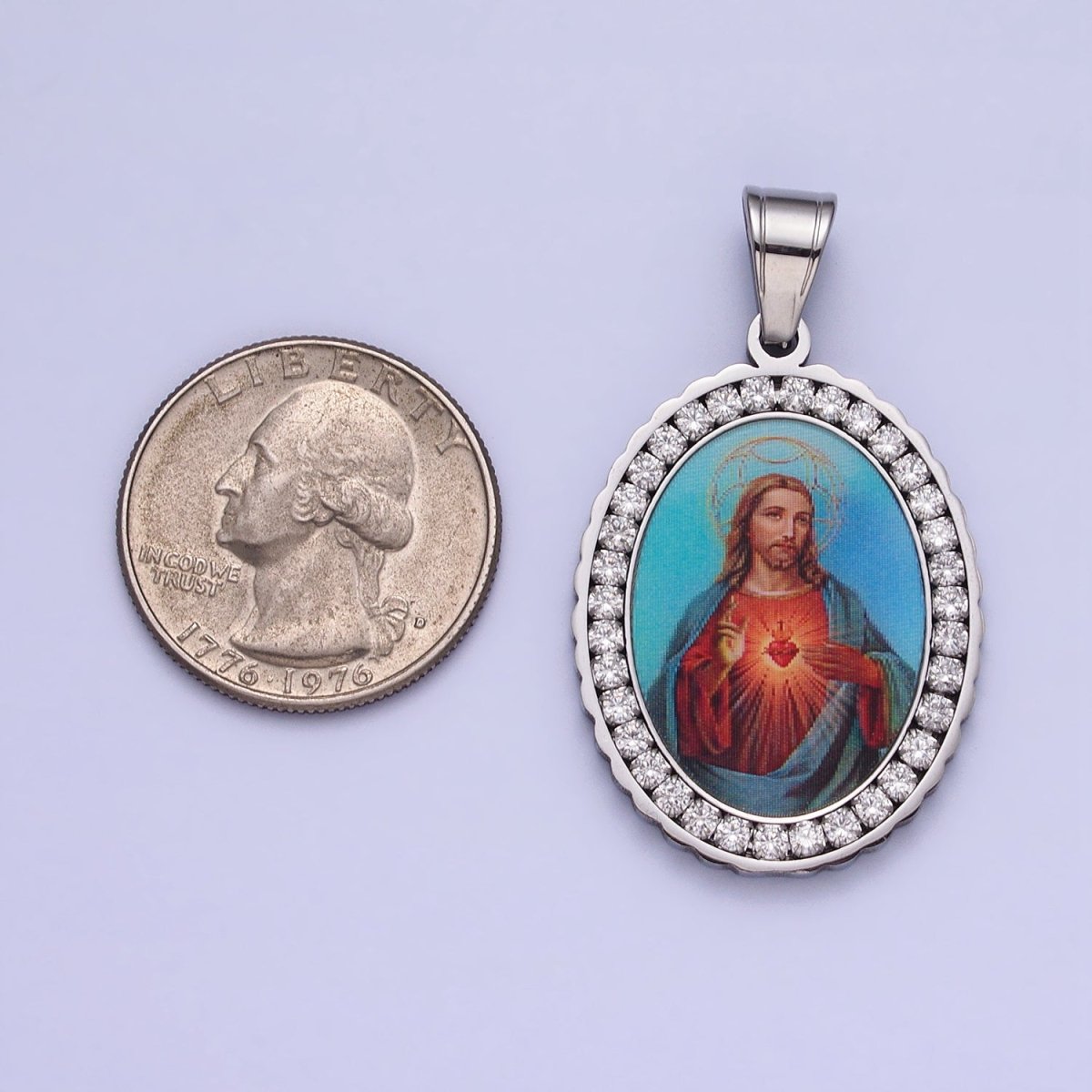 Stainless Steel Blue Jesus Sacred Heart Micro Paved CZ Oval Silver Pendant Religious Jewelry J-782 - DLUXCA