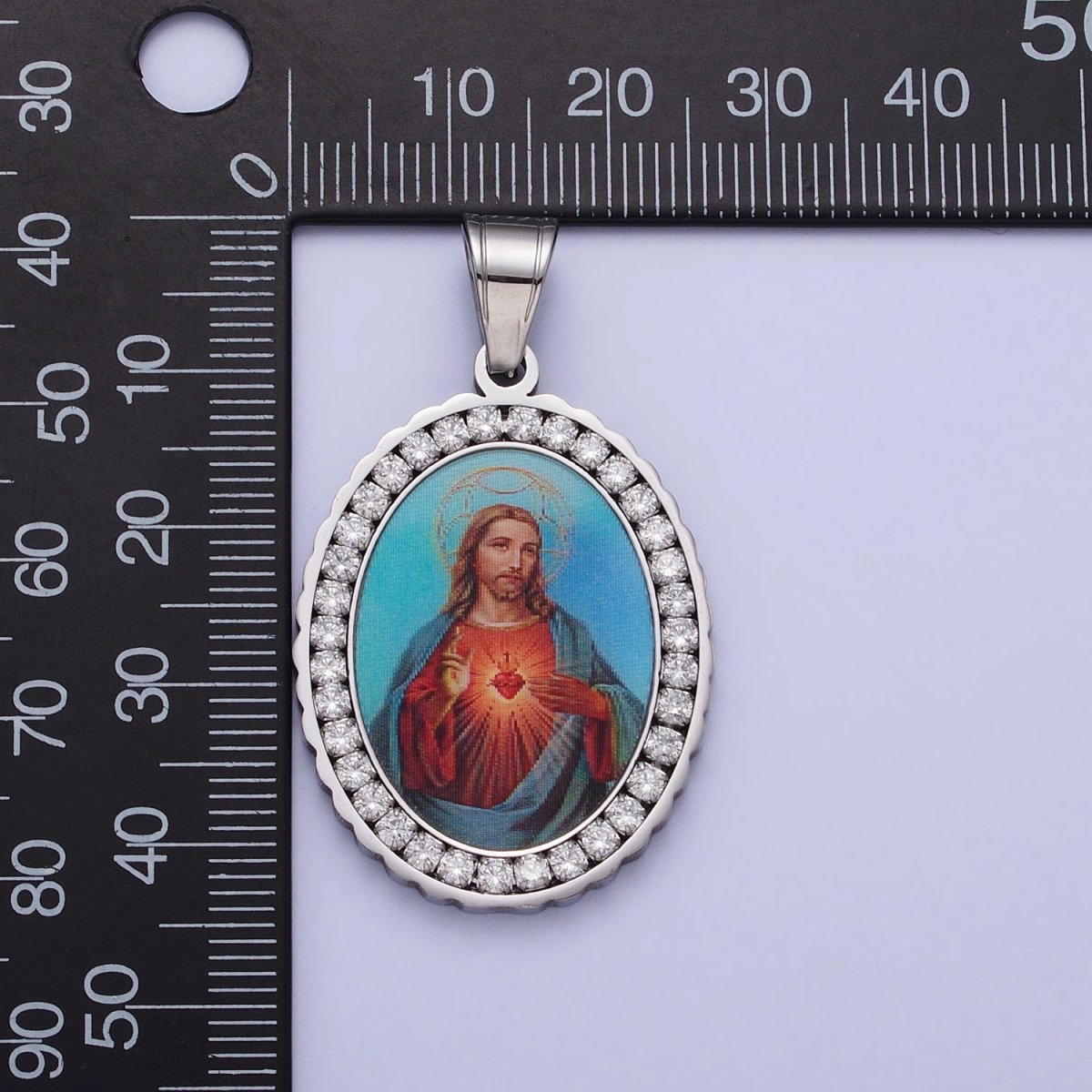 Stainless Steel Blue Jesus Sacred Heart Micro Paved CZ Oval Silver Pendant Religious Jewelry J-782 - DLUXCA