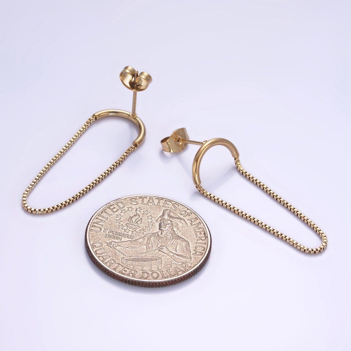 Stainless Steel Box Chain Curved Minimalist Stud Earrings | AB1153 - DLUXCA