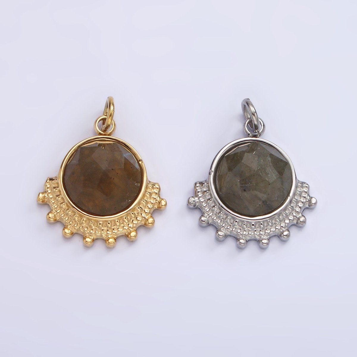 Stainless Steel Brown Labradorite Round Dotted Outline Artisan Charm in Gold & Silver | P1306 P1307 - DLUXCA
