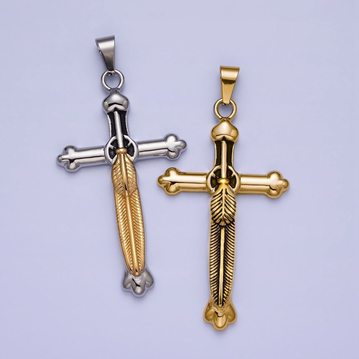 Stainless Steel Budded Buttony Feather 66mm Cross in Mixed Metal & Gold J-715 AB-1397 - DLUXCA