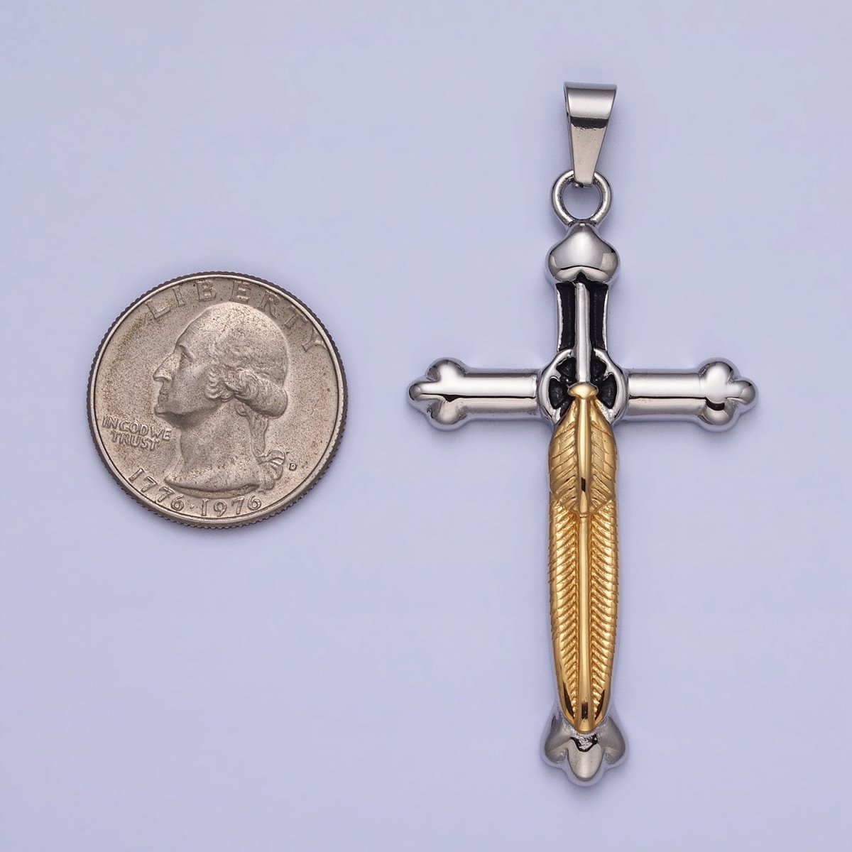 Stainless Steel Budded Buttony Feather 66mm Cross in Mixed Metal & Gold J-715 AB-1397 - DLUXCA