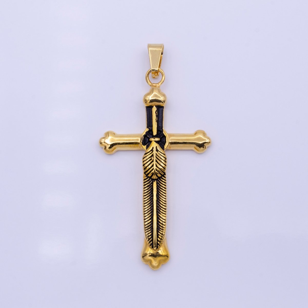 Stainless Steel Budded Buttony Feather 66mm Cross in Mixed Metal & Gold J-715 AB-1397 - DLUXCA