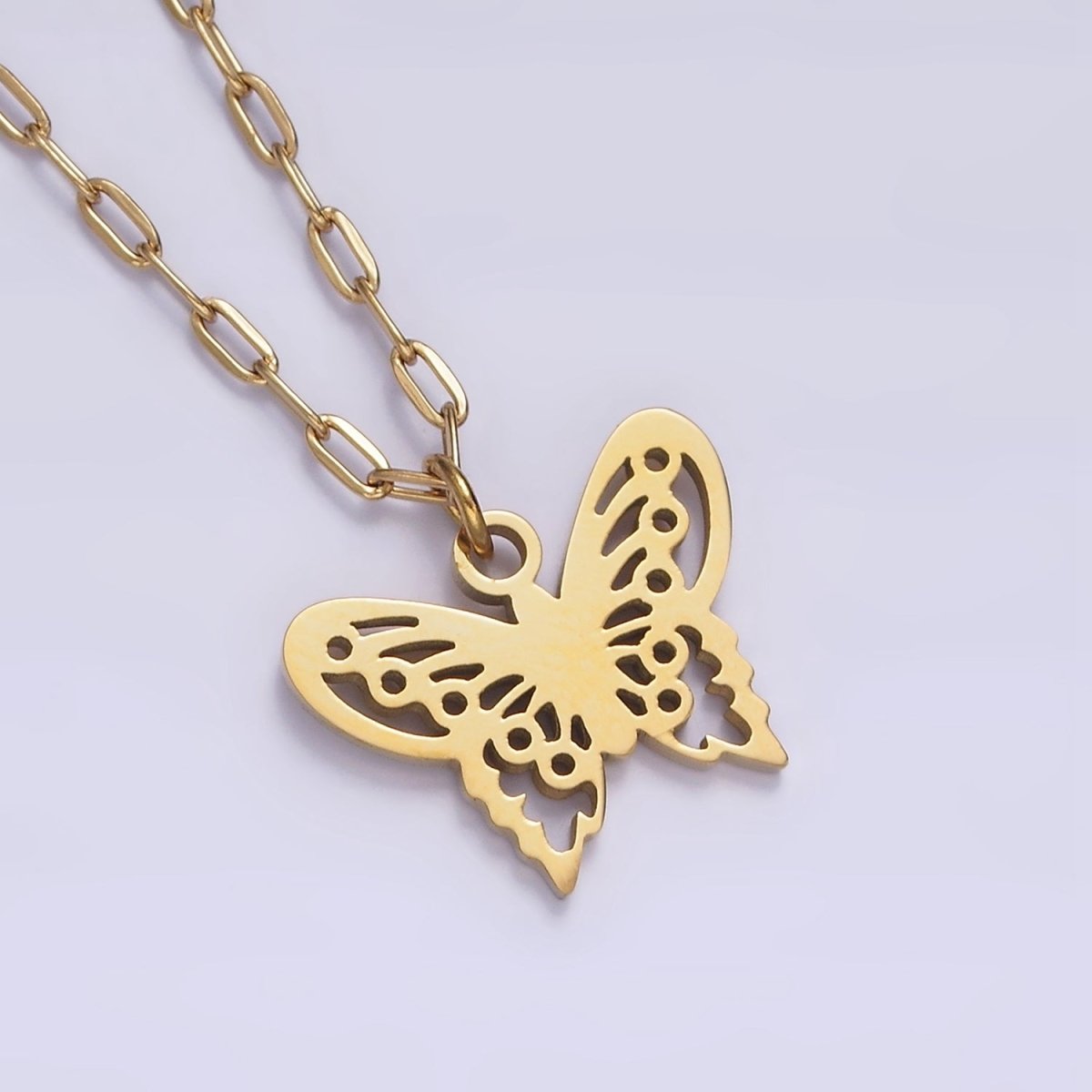Stainless Steel Butterfly Open Wings Charm 17 Inch Paperclip Chain Necklace | WA-2080 Clearance Pricing - DLUXCA