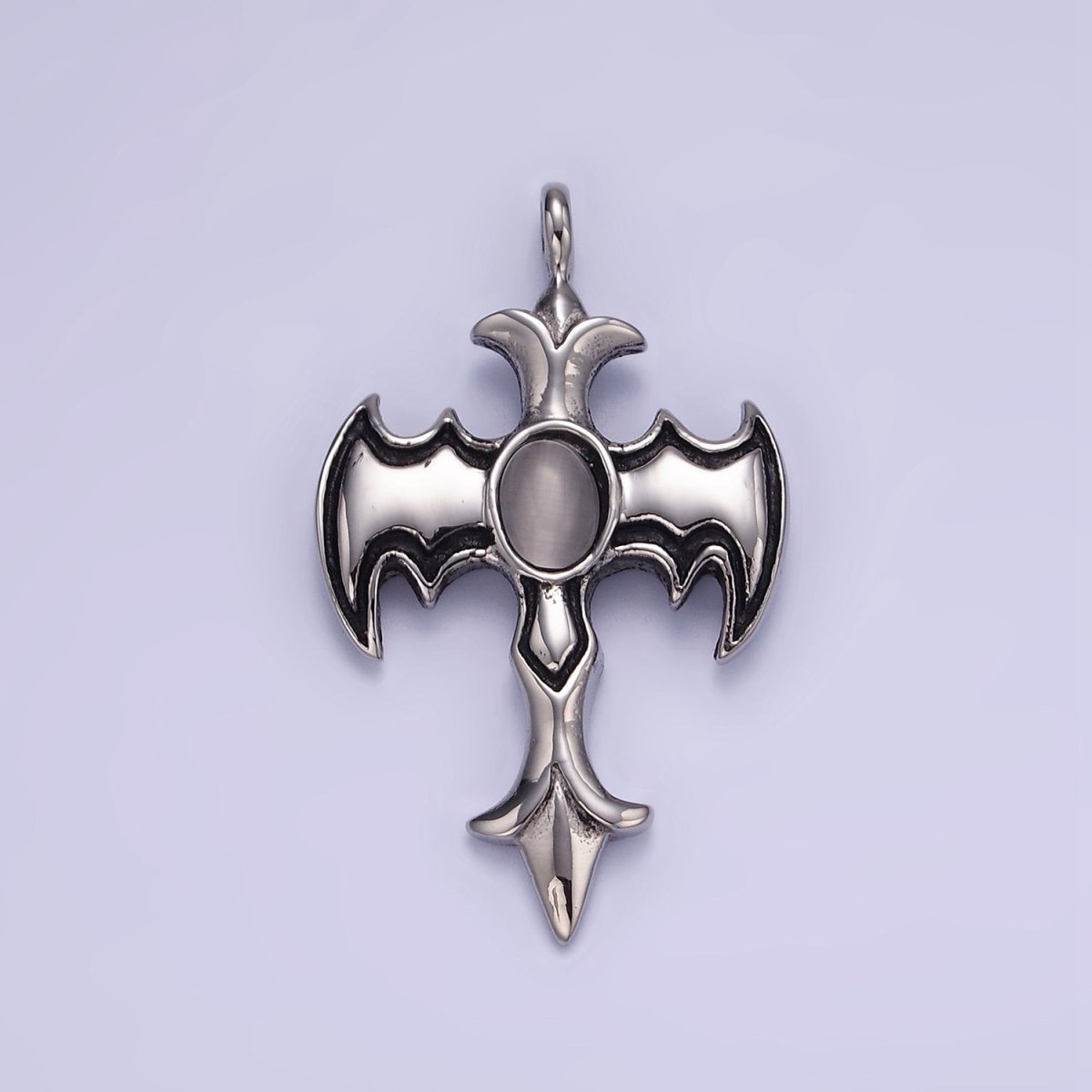 Stainless Steel Cats Eye Bat Wings Fleur Religious Cross Oxidized Silver Charm | P945 - DLUXCA