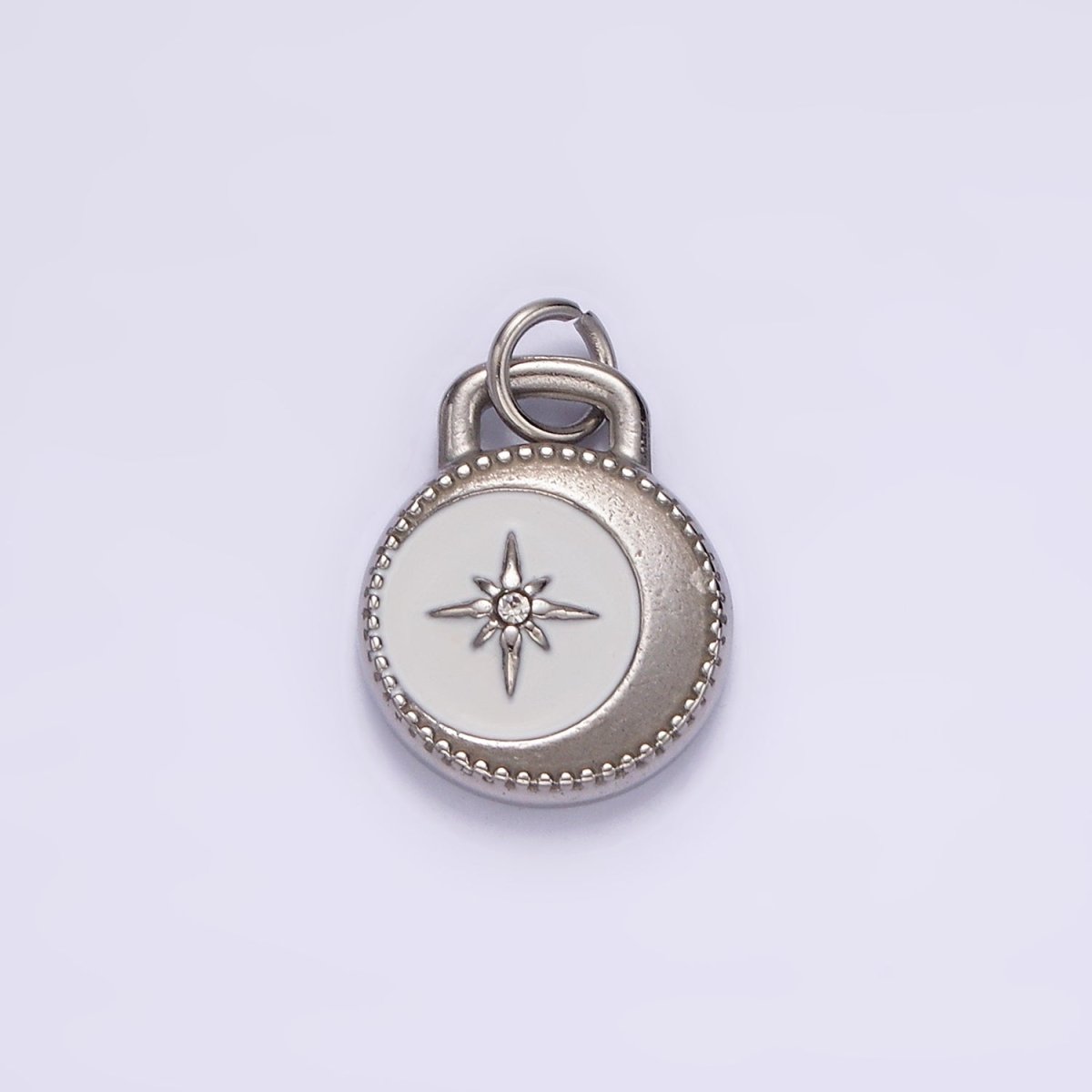 Stainless Steel Celestial Crescent Moon Star CZ White Enamel Round Charm in Gold & Silver | P1259 P1260 - DLUXCA