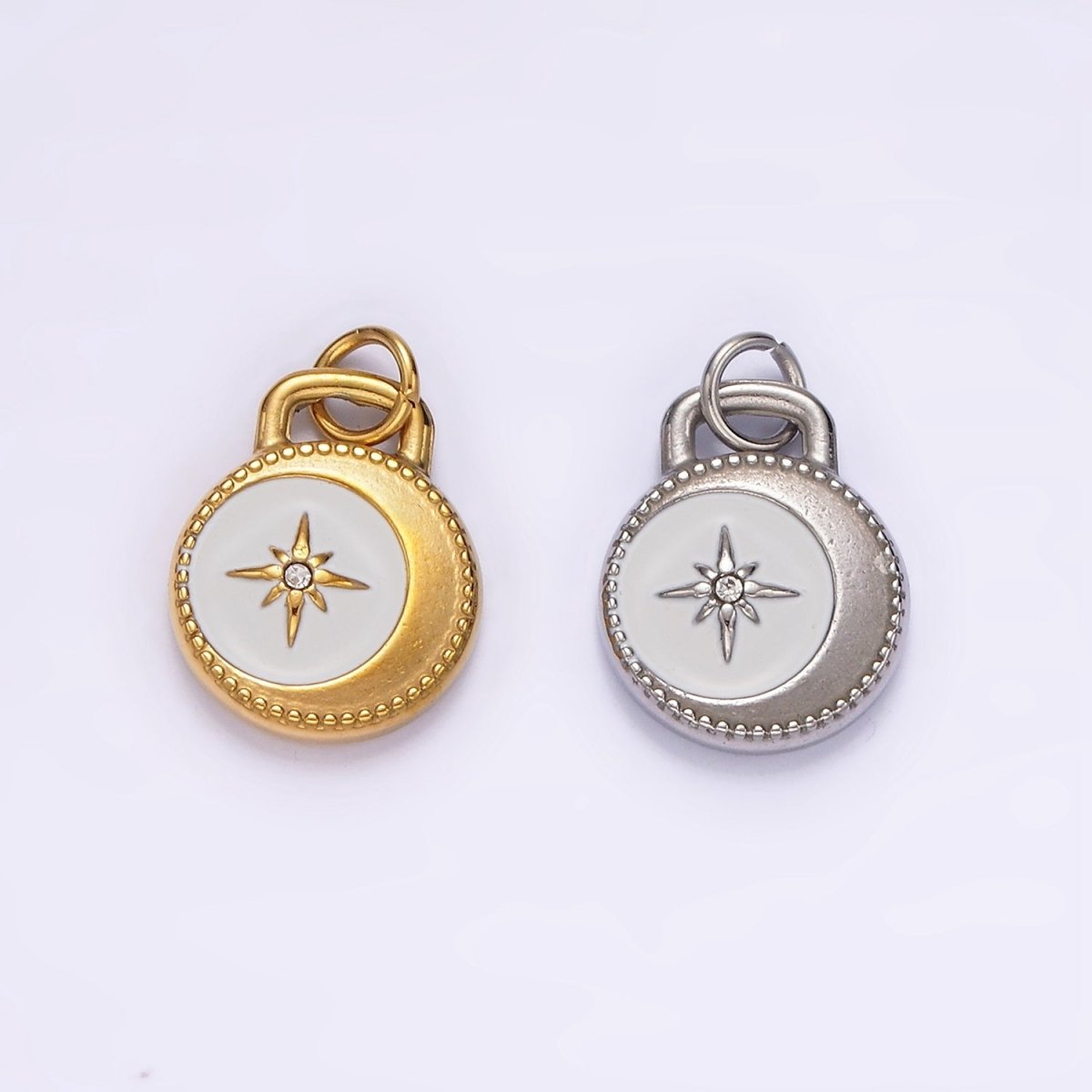 Stainless Steel Celestial Crescent Moon Star CZ White Enamel Round Charm in Gold & Silver | P1259 P1260 - DLUXCA