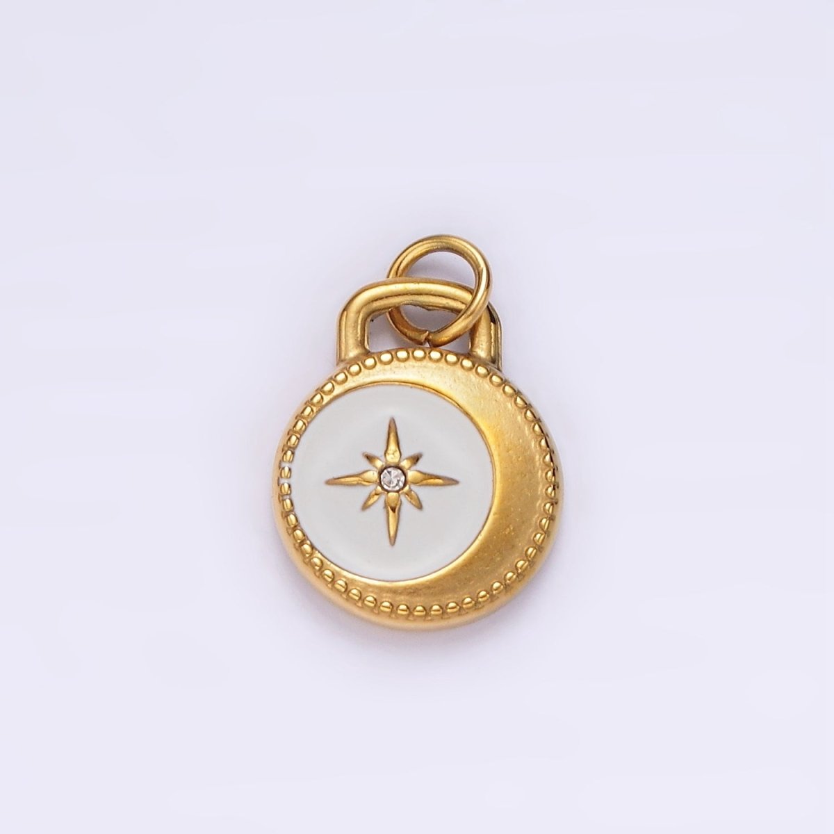 Stainless Steel Celestial Crescent Moon Star CZ White Enamel Round Charm in Gold & Silver | P1259 P1260 - DLUXCA