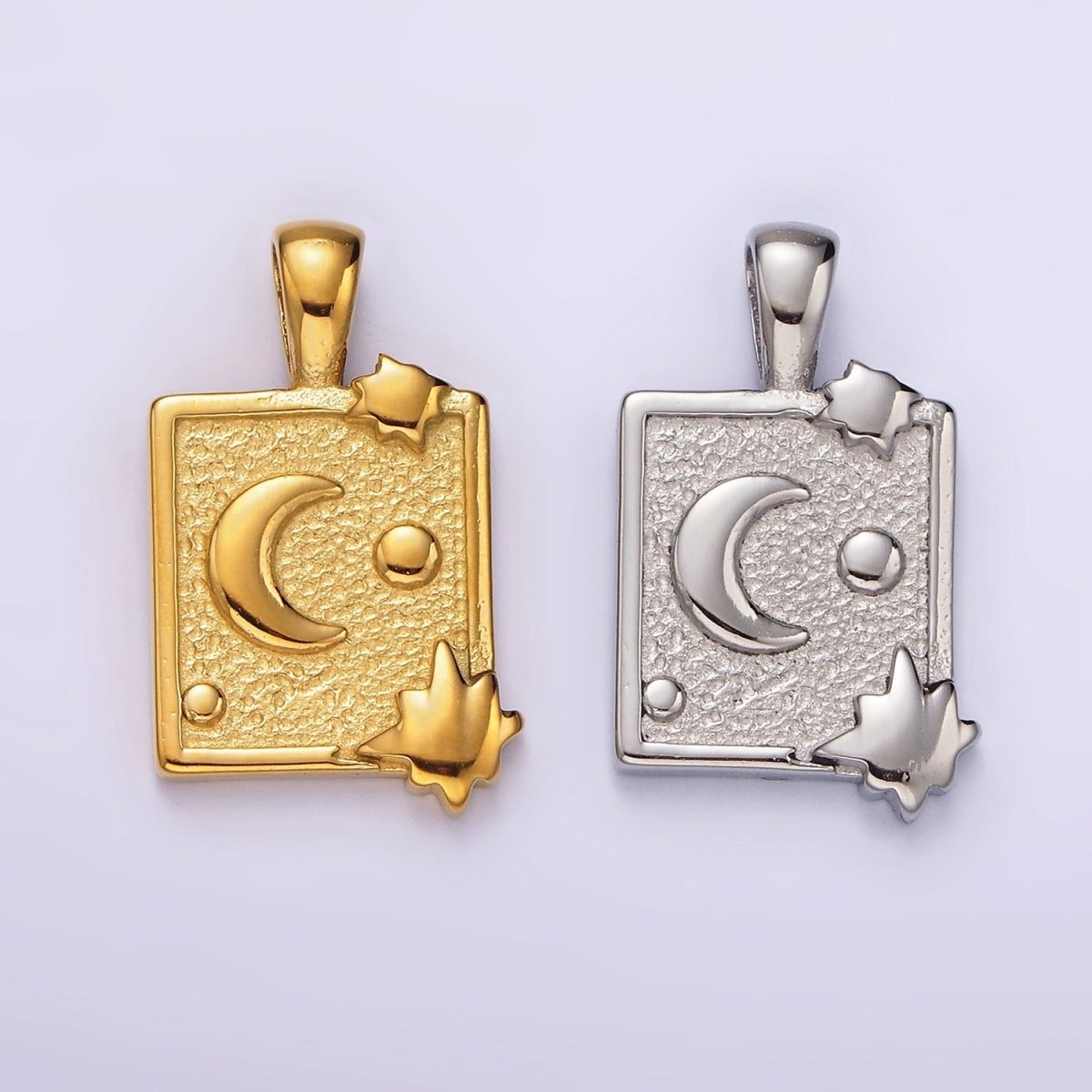 Stainless Steel Celestial Moon Stars Textured Rectangular Tag Pendant in Gold & Silver | P1054 P1055 - DLUXCA