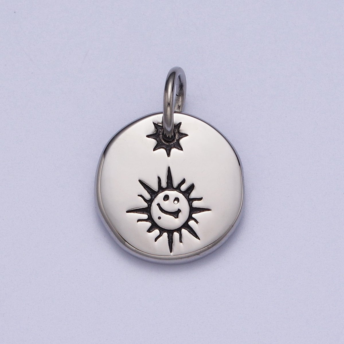 Stainless Steel Celestial Smiley Face Sunshine Star Round Charm P-615 - DLUXCA