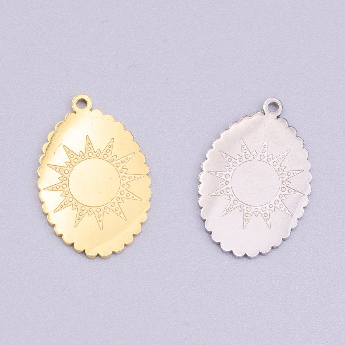 Stainless Steel Celestial Sun Engraved Rounded Oval Charm in Gold & Silver | P-914 - DLUXCA