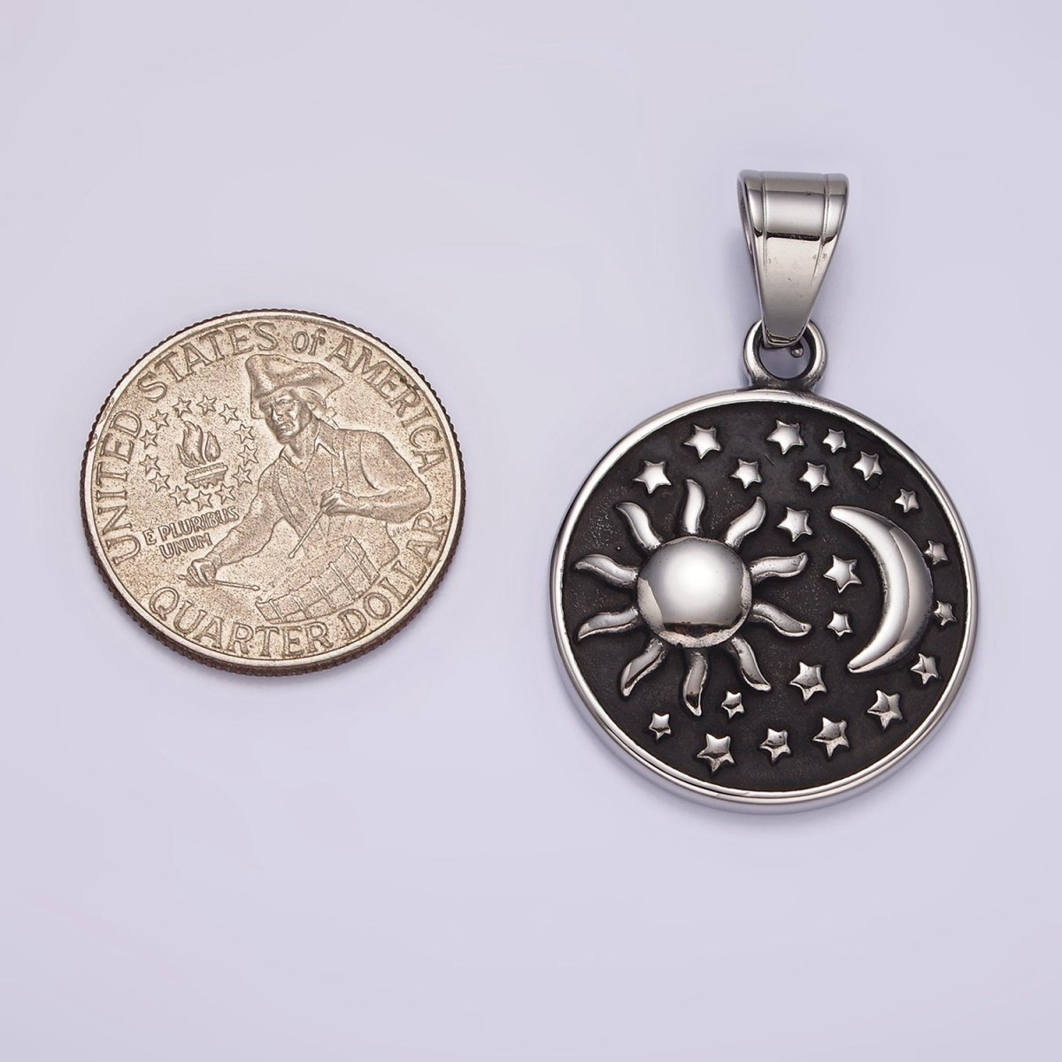 Stainless Steel Celestial Sun Star Crescent Moon Round Oxidized Pendant | P1175 - DLUXCA