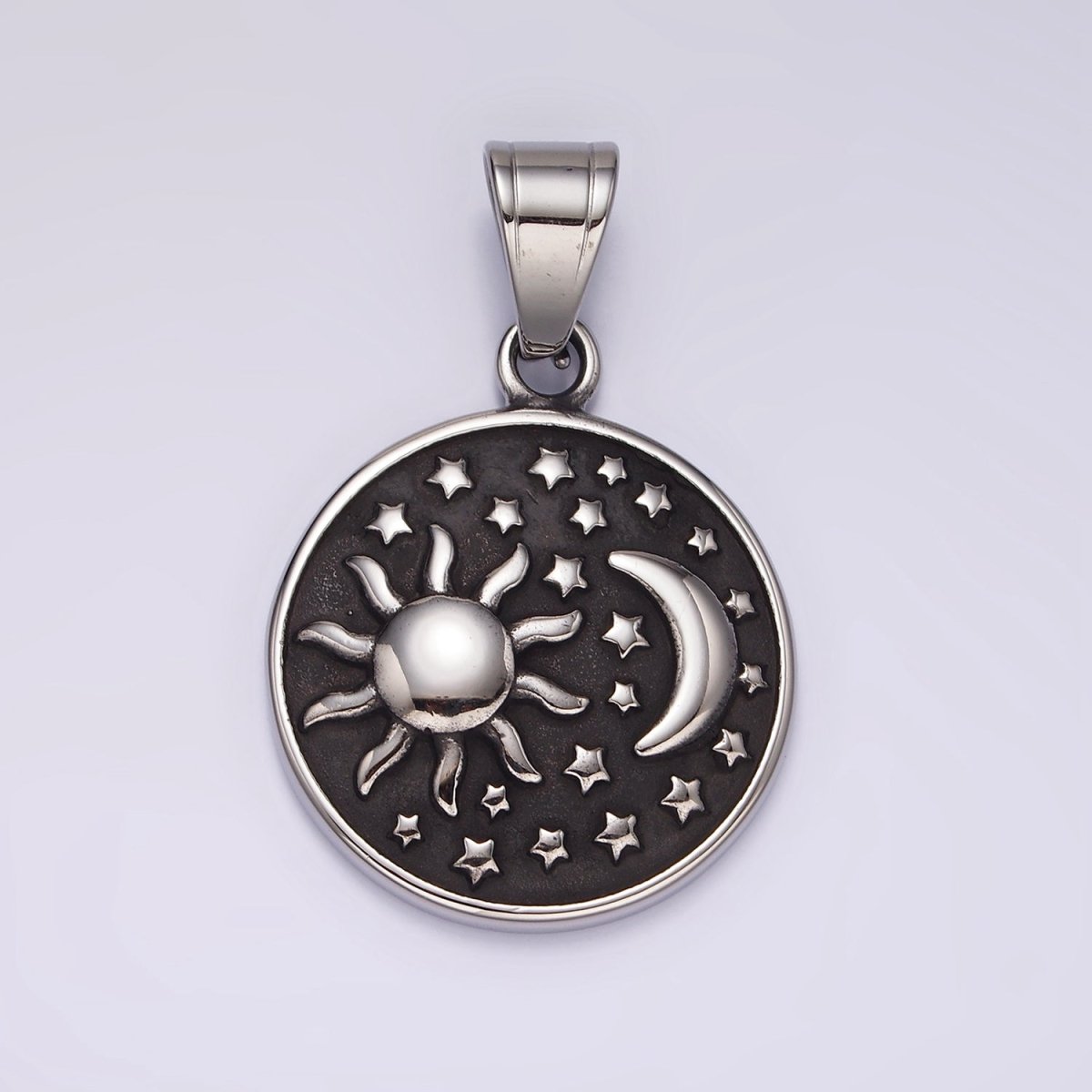 Stainless Steel Celestial Sun Star Crescent Moon Round Oxidized Pendant | P1175 - DLUXCA