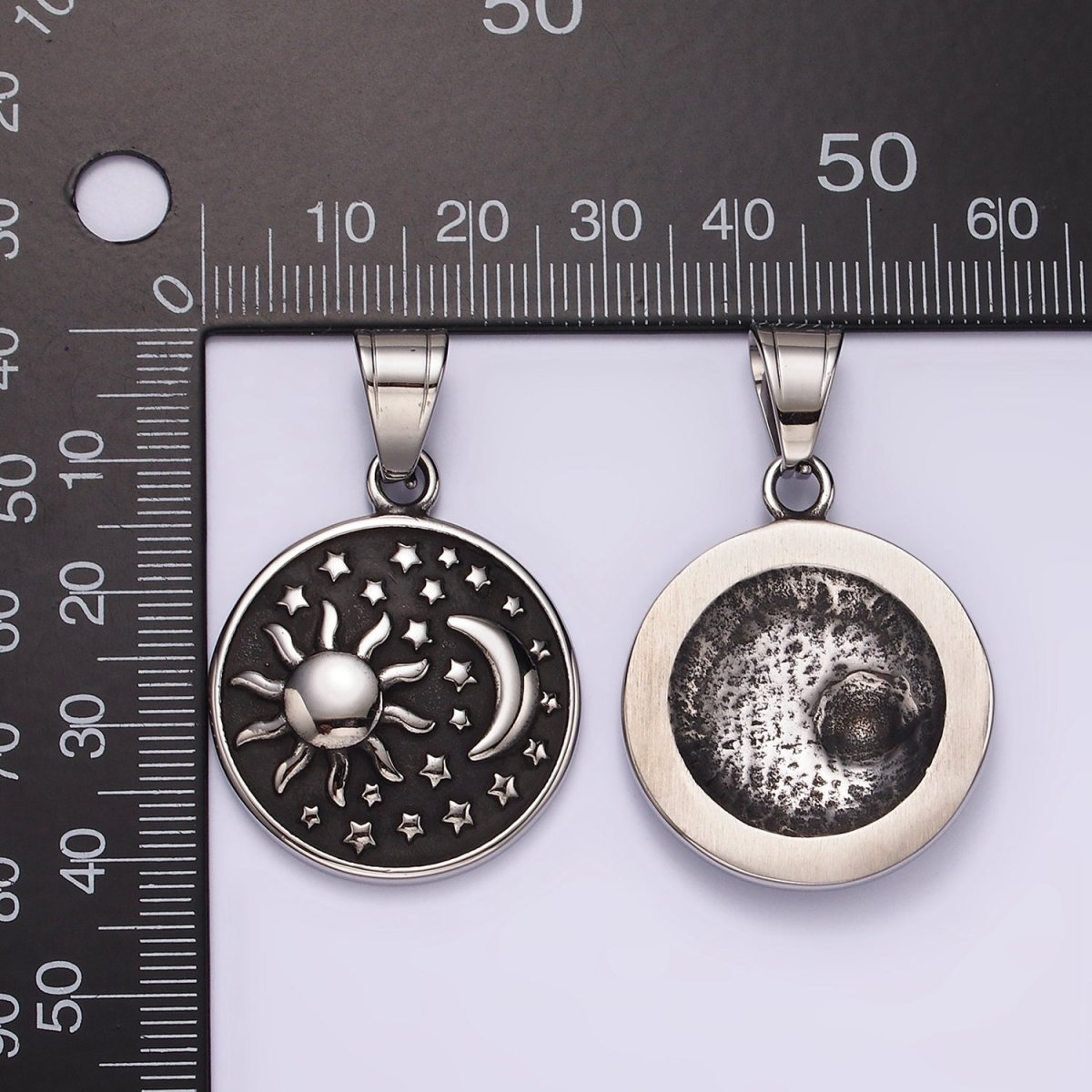 Stainless Steel Celestial Sun Star Crescent Moon Round Oxidized Pendant | P1175 - DLUXCA