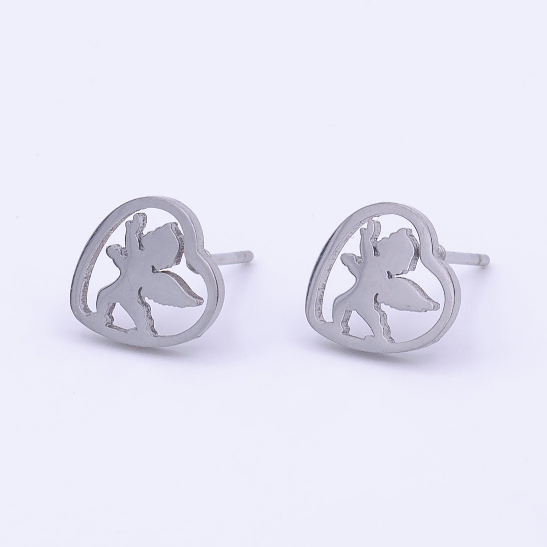 Stainless Steel Cherub Angel Baby Heart Frame Silver Minimalist Stud Earrings | Y-250 - DLUXCA