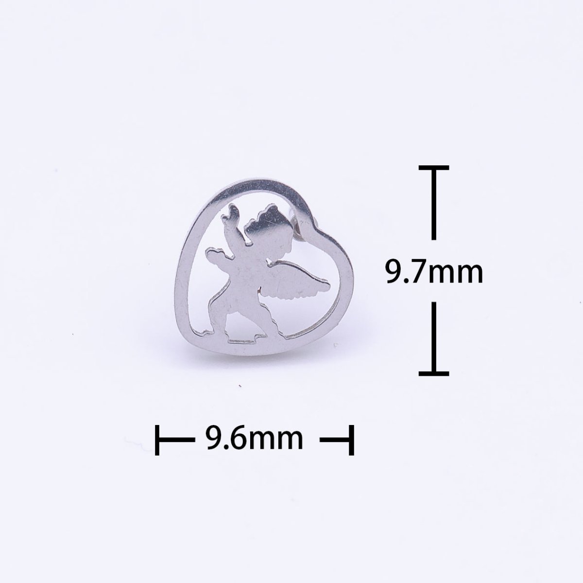 Stainless Steel Cherub Angel Baby Heart Frame Silver Minimalist Stud Earrings | Y-250 - DLUXCA