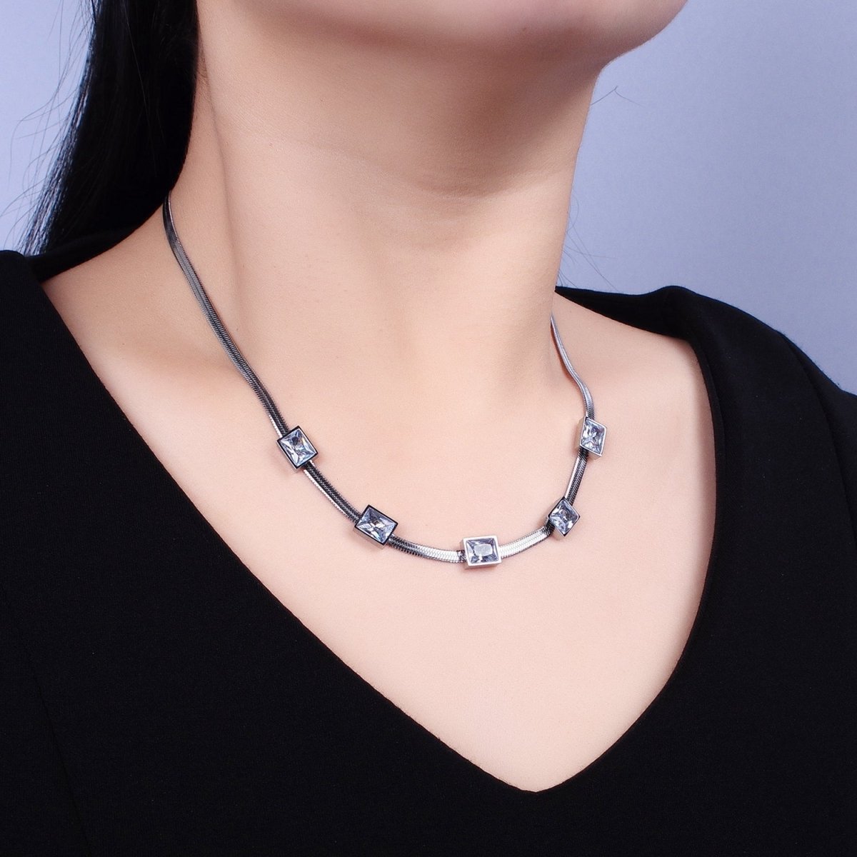 Stainless Steel Clear Baguette CZ 3mm Snake Herringbone 16 Inch Geometric Necklace | WA-1713 Clearance Pricing - DLUXCA